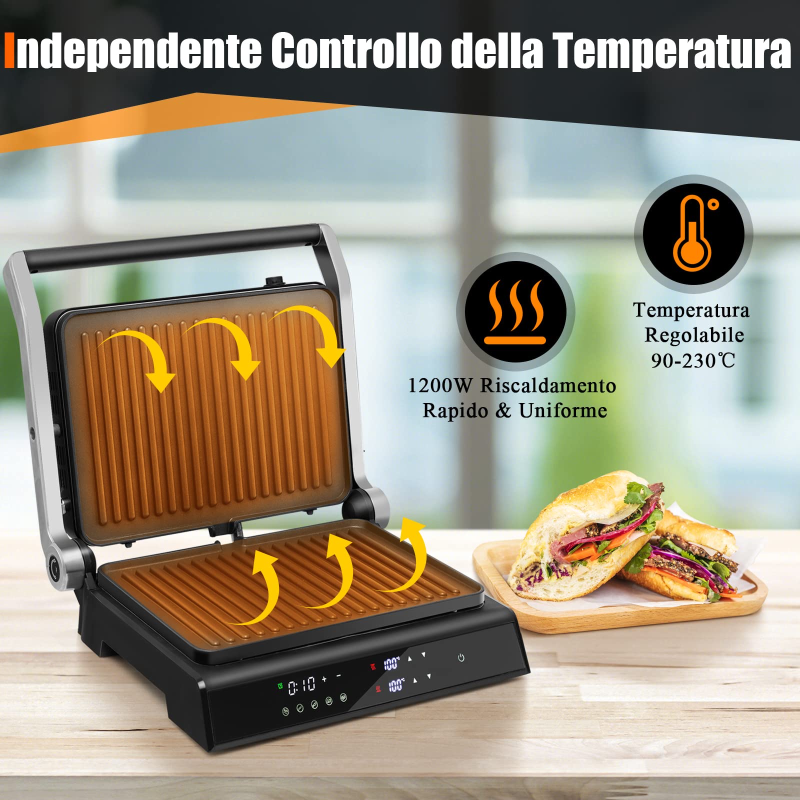 COSTWAY 3 in 1 Piastre per Panini 2000 W, Bistecchiera Elettrica con 5 Modalità Automatiche, Cottura Bifacciali, Timer 0-4H e Display a LED, Materiale Antiaderente, Ideale per Panini e Barbecue