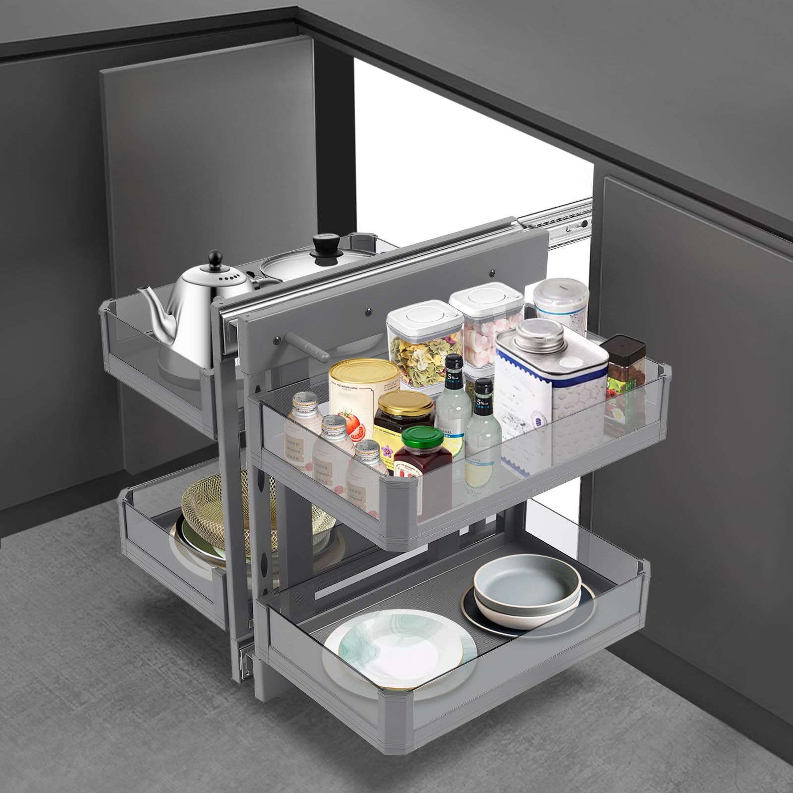2-Tier Blind Corner Pull Out Organizer, Metal&Tempered Glass Pull-Out Cabinet Organizer with 4 Basket, Kitchen Slide Out Shelf Organizer, Left Open&Right Open Compatible, Min Opening 14.57