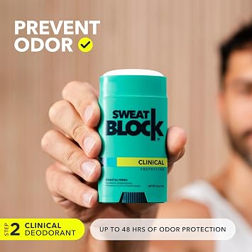 SweatBlock Maximum Clinical Strength Antiperspirant and Deodorant System for Men and Women Hyperhidrosis Aid for Excessive Sweating and Odor 10 DRIBOOST Wipes Plus Unisex Deodorant Stick 2.7 oz