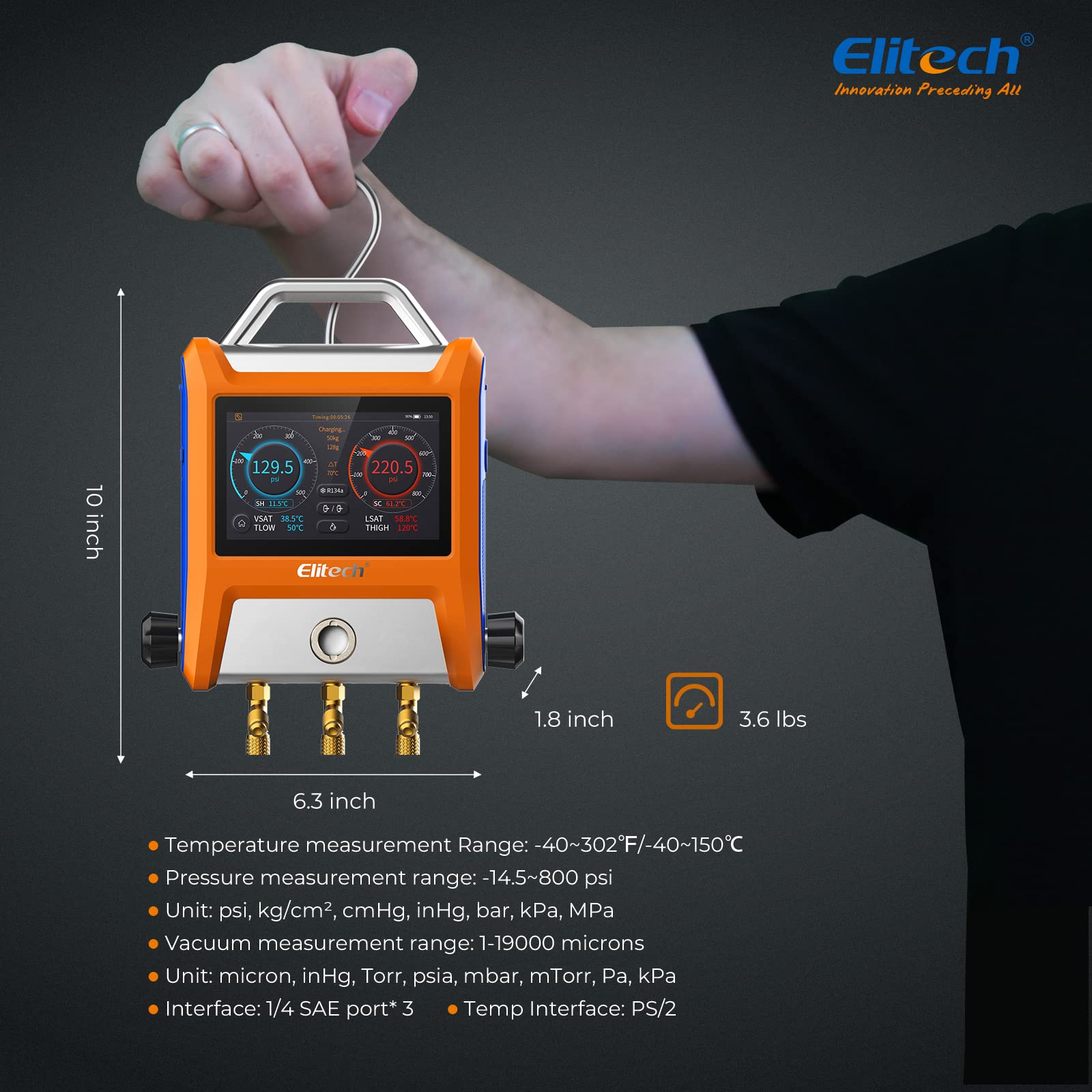 Elitech EMG-20V Manometro digitale HVAC intelligente a tre porte con sensore di vuoto Termometro morsetti tubi flessibili