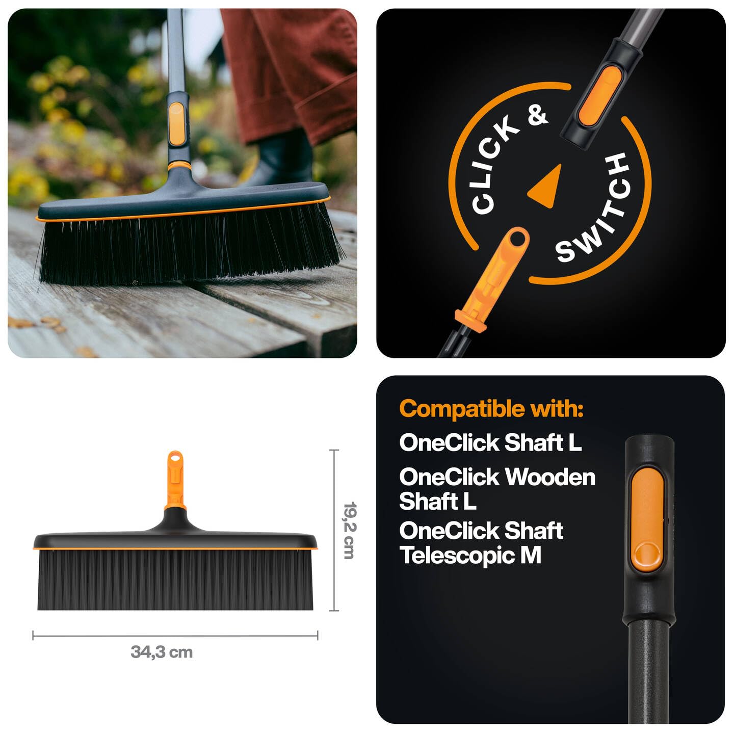 Fiskars OneClick Feinbesen, Terrassenbesen-Aufsatz mit weichen Borsten, Müheloses Wechseln mit nur einem klick, Für Holzdecks und Betonböden, Schwarz/Orange, 1080700