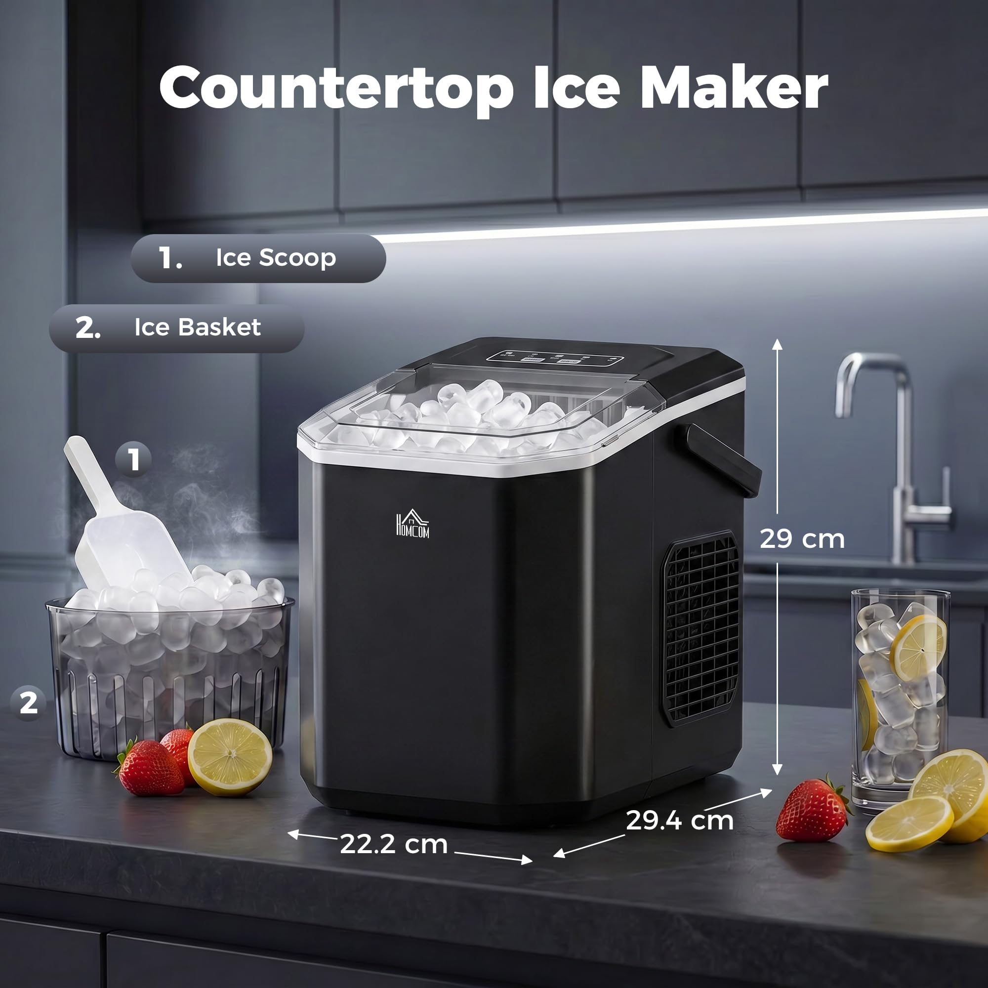 HOMCOM Macchina del Ghiaccio Autopulente 12kg/24h, 9 Cubetti in 6-13 Minuti con Cesto e Paletta, Macchina per il Ghiaccio in PP e Rame, 22.2x29.4x29 cm, Nera
