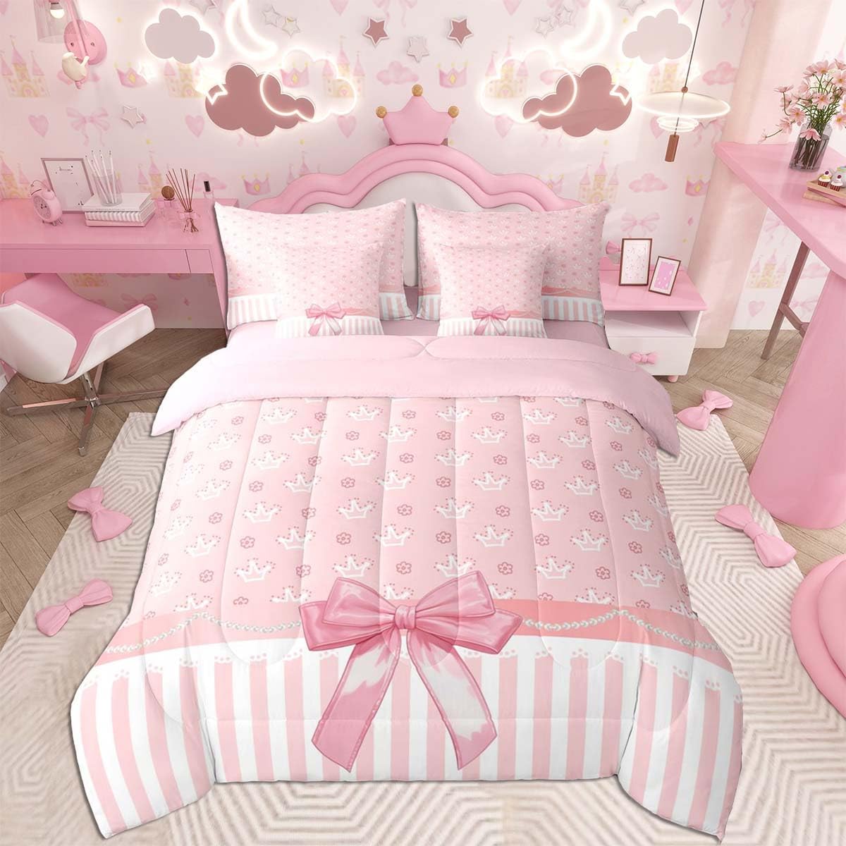 Feelyou Cute Bow Comforter Set with Sheets 7 Piece Twin Size Kawaii Bowknot Bedding Set Princess Bowknot Bed in a Bag Dots Print Room Decor Personalized Initial A Soft Lightweight Microfiber