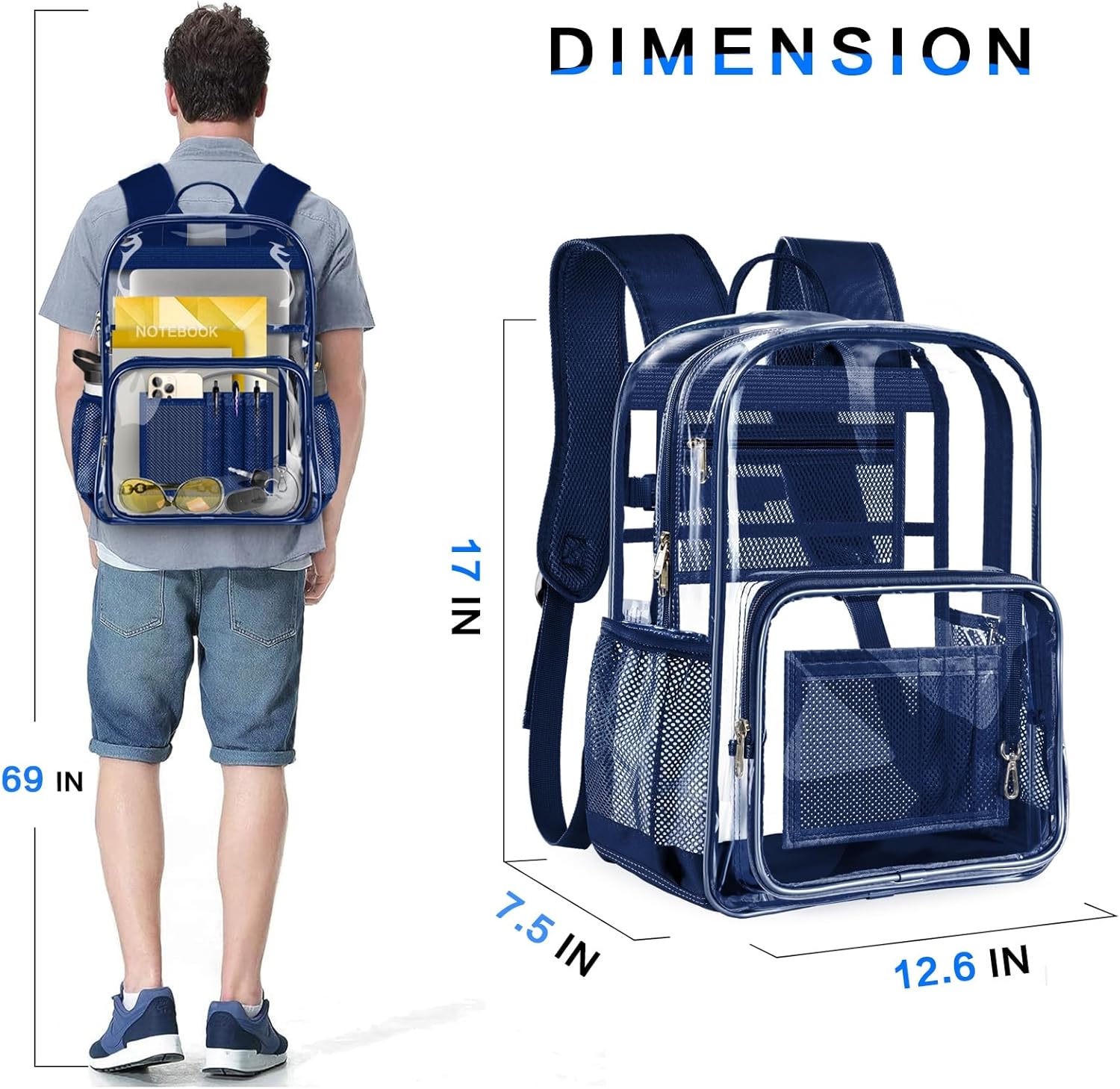 Clear Backpack, Heavy Duty Transparent Backpack with Reinforced Bottom See Through Bag for College, Travel, Workplace Security - Navy - Image 5