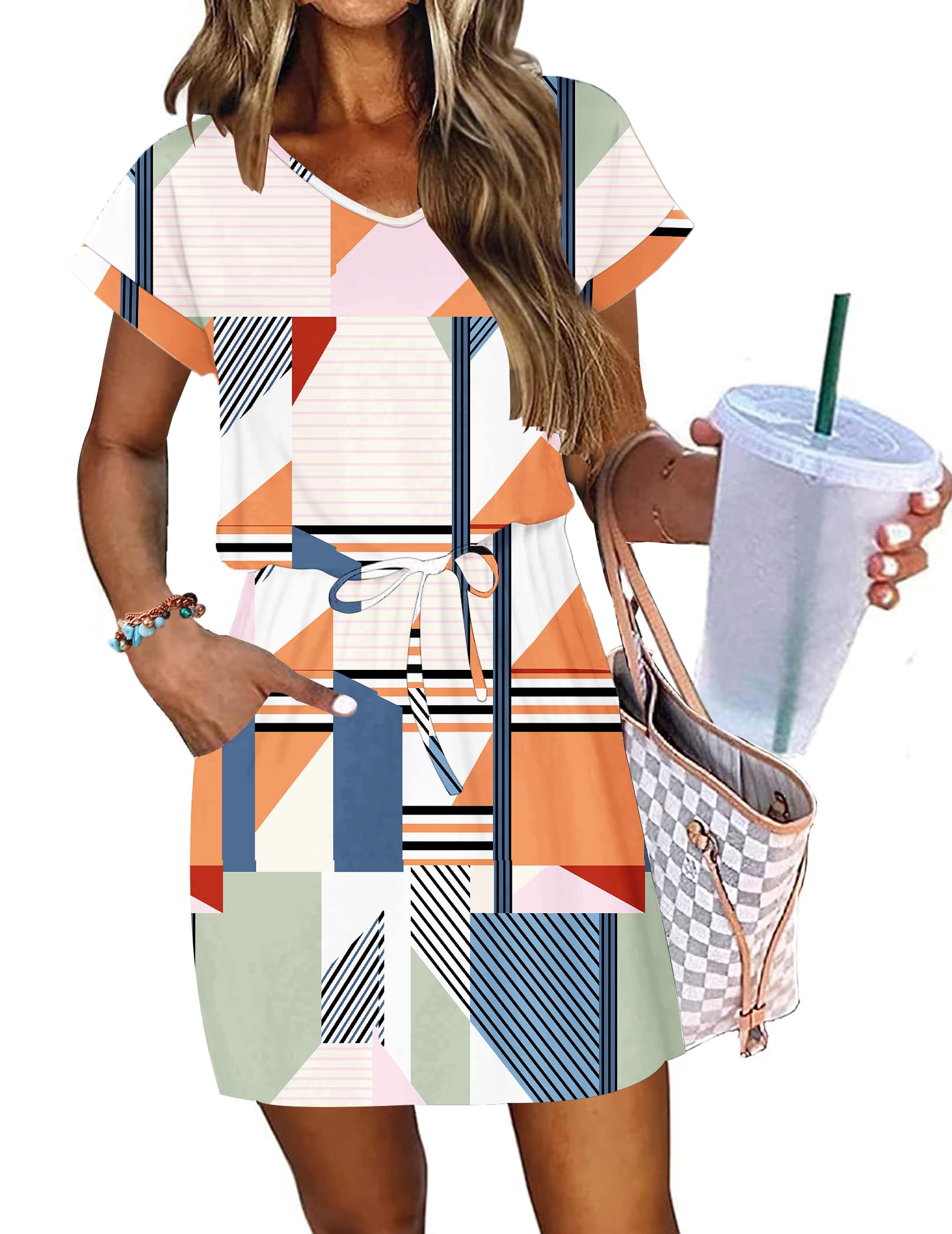 WNEEDU Women Summer Dress 2026 Causal Short Sleeve Sundress V Neck Drawstring Waist Beach Cover up Mini Dresses with Pockets