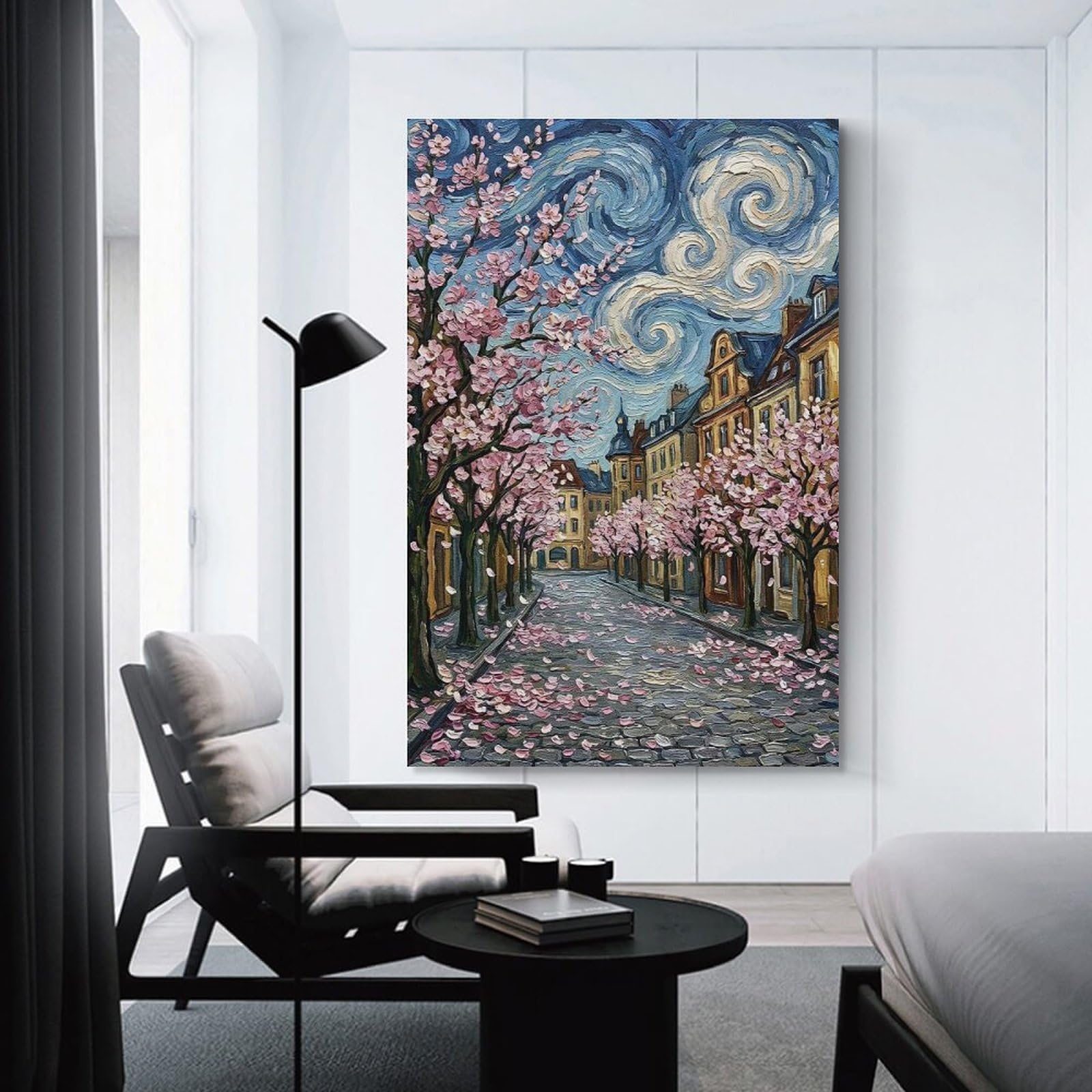 Junmoney Unframe-Style-3 Cherry Blossoms On Cobblestone Street Painting Canvas Wall Art, 16X24inch(40X60cm), For Living Room, Bedroom, Office Or Hallway, Versatile Wall Decor For Many Rooms