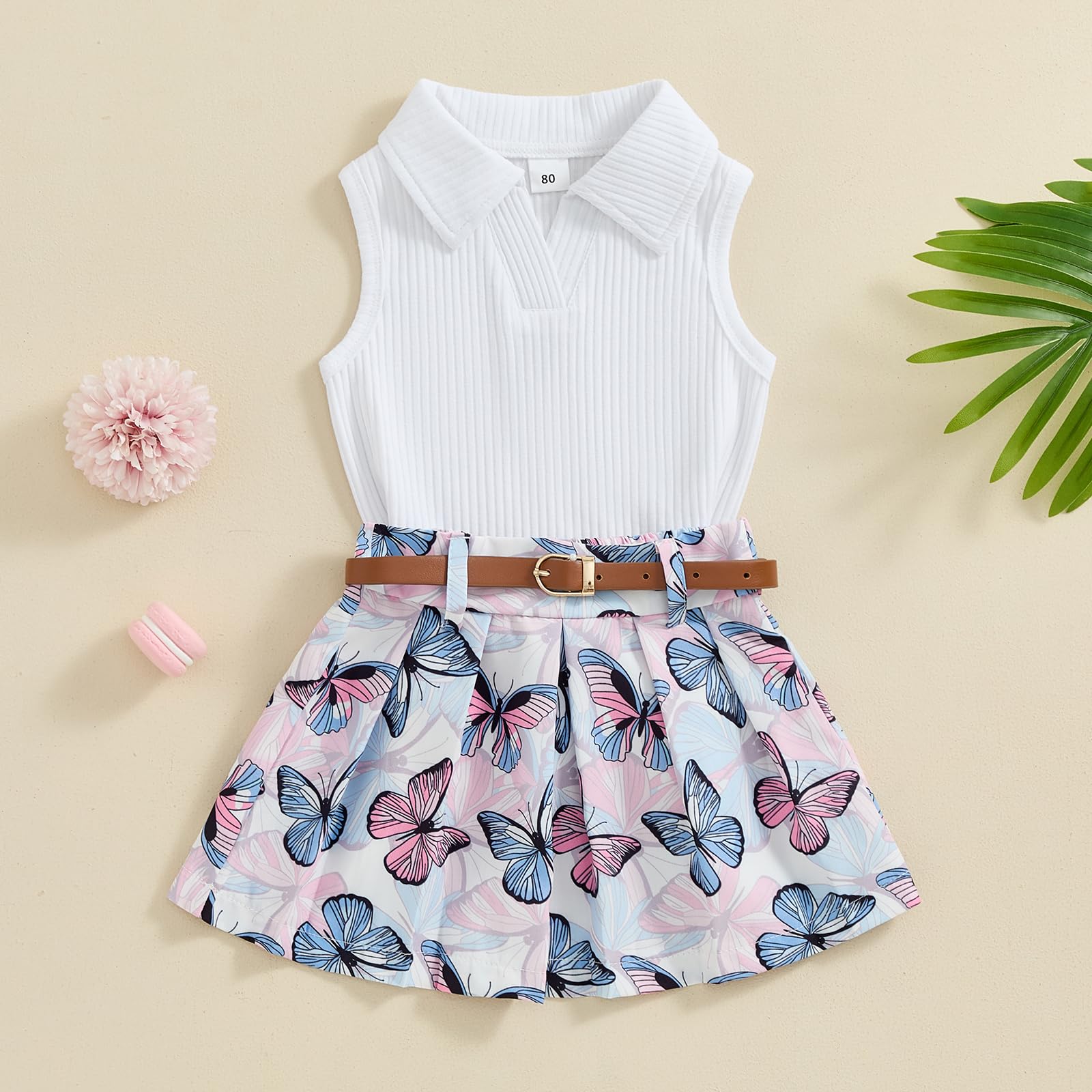 NANCHNEGGU 3PCS Baby Girls Lapel Sleeveless Ribbed Knitted Vest + Floral A-line Pleated Skirt + PU Belt Outfits Sets (White Blue, 12-18 Months)