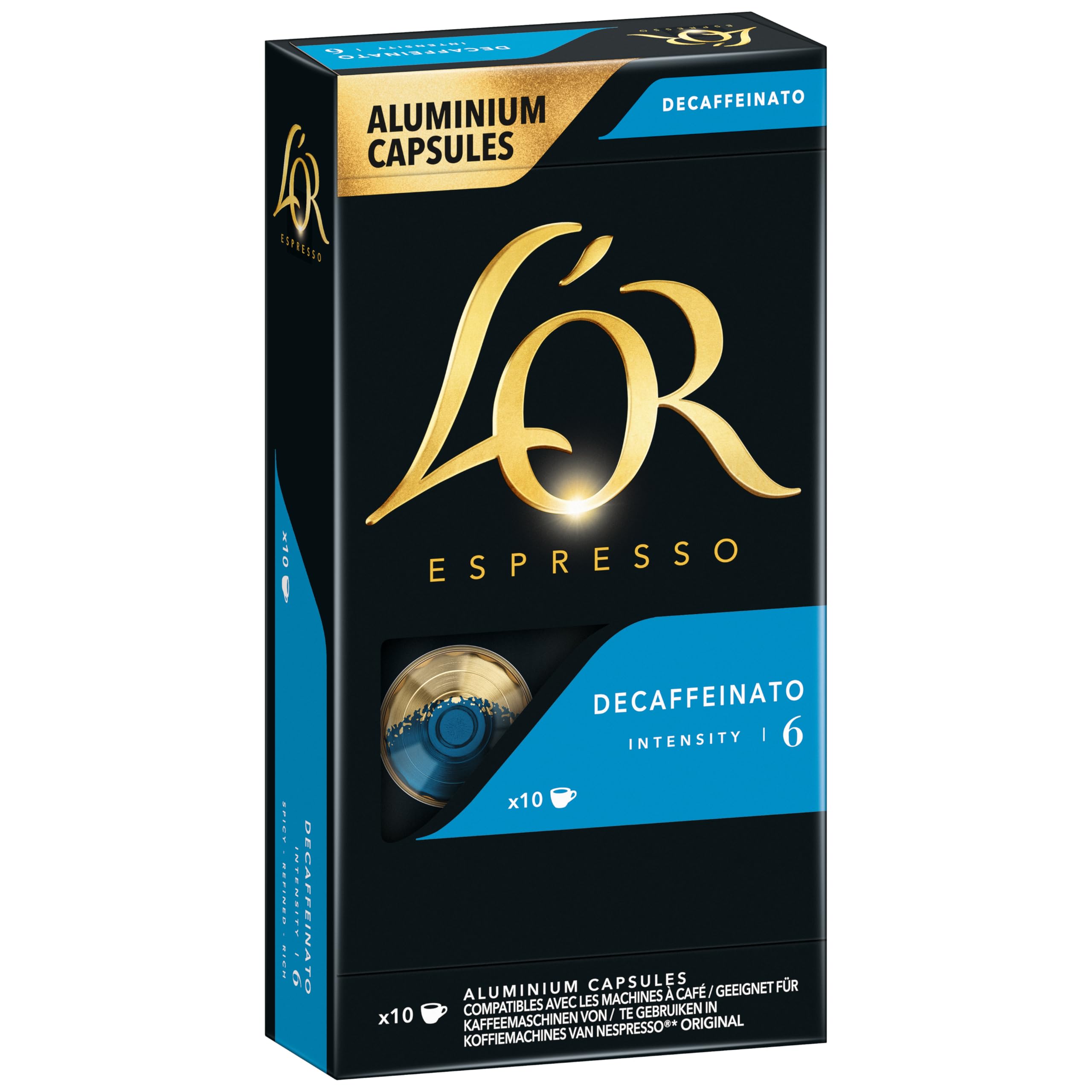 L'OR Kaffeekapseln Espresso Decaffeinato, elegant & süß, Intensität 6/13, 10 Getränke, Nespresso* kompatible Kaffee Kapseln, 10 Kapseln