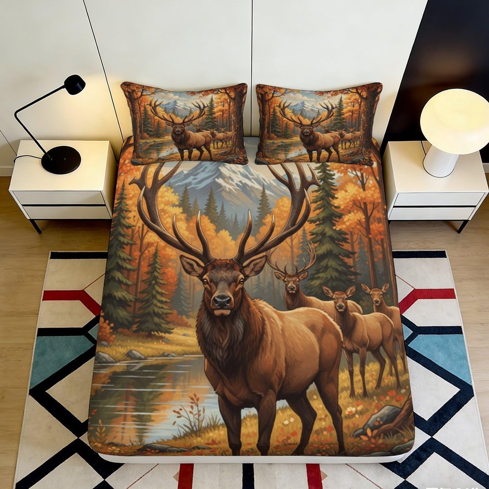 3D Printed Autumn Forest Elk Fitted Sheet Microfiber Soft Durable Brown Deer Bed Cover for Bedroom Dormitory Guest Room Protection Decoration 180x200x25cm