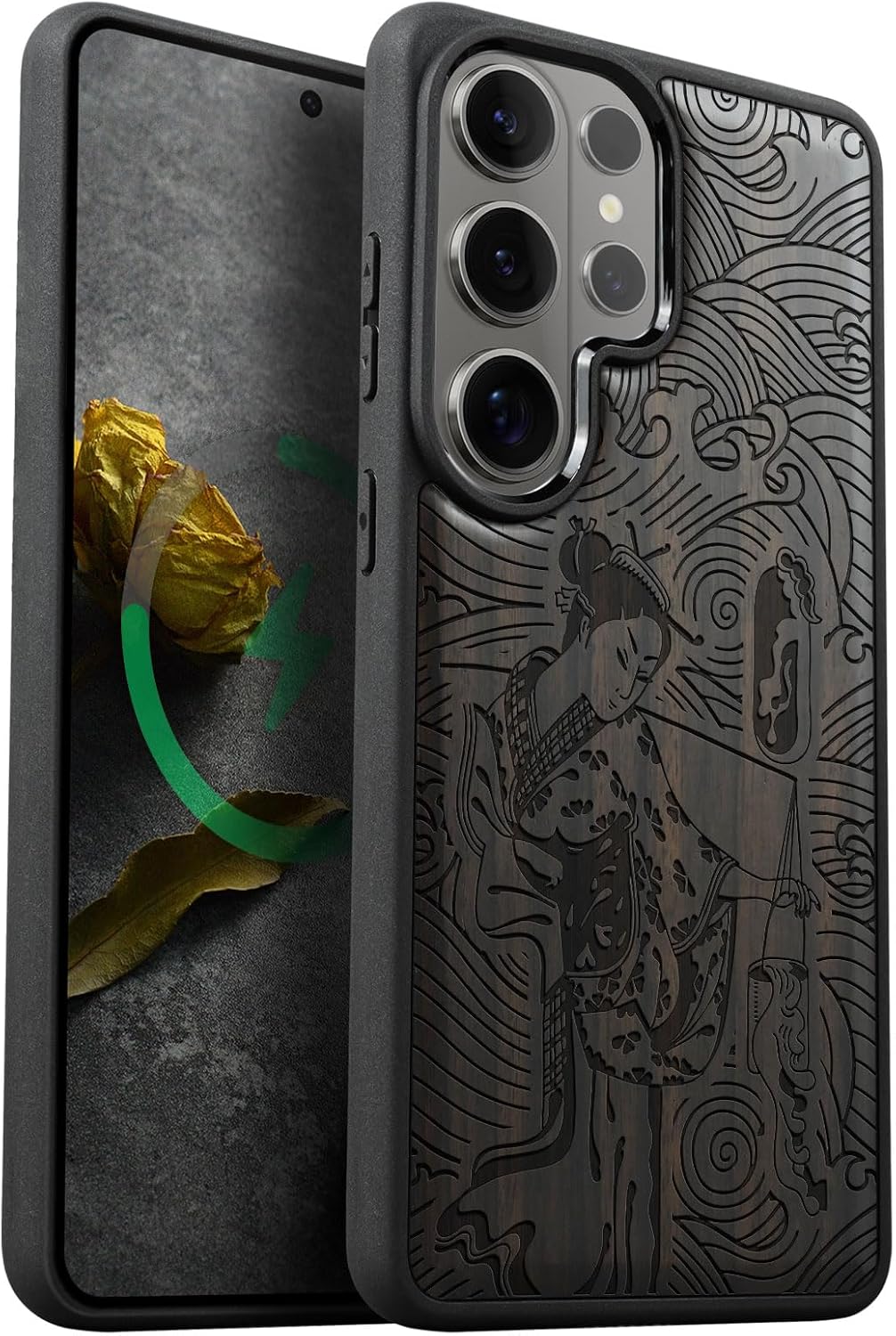 Carveit Magnetic Wooden Case for Samsung Galaxy S26 Ultra Case 2026, TPU Shockproof Cover & Wood Artisan Engraved, Compatible with MagSafe Wireless Chargers (Japanese Geisha) Blackwood