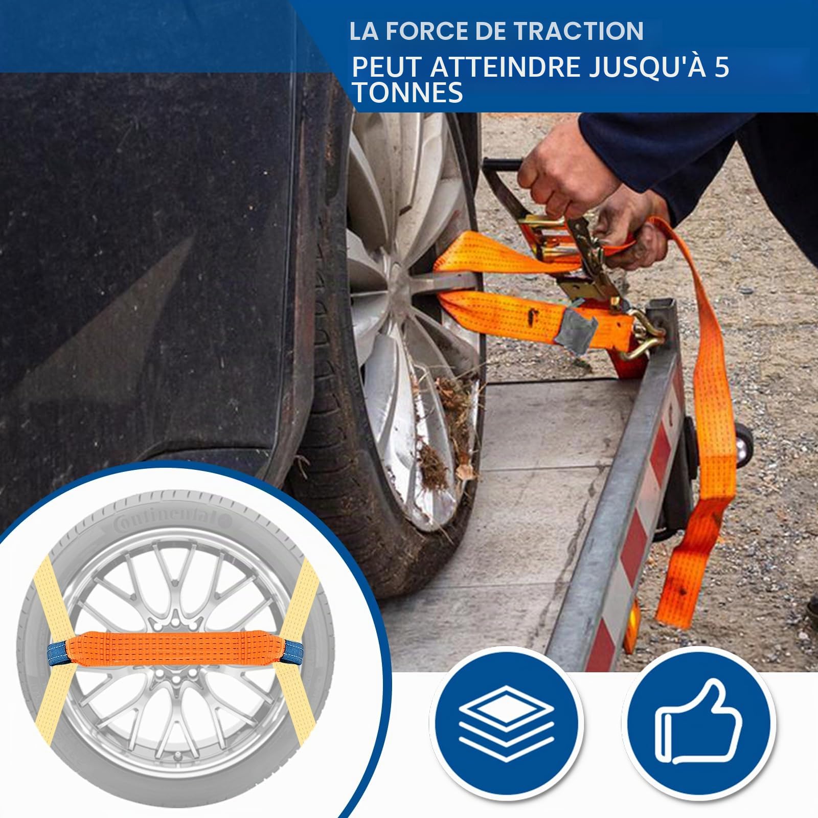 PORFOYO - Lot de 4 sangles d'arrimage transversales universelles de 50 mm x 40 cm - Sangle d'arrimage pour voiture, moto, bateau, camion, remorque - Orange - Polyester - 5 tonnes de force de serrage