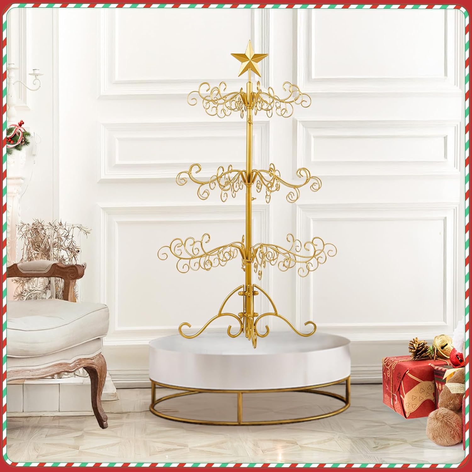 VINGLI 3ft Wrought Iron Christmas Tree w/80 Branch Tips, 3-Tier Metal Display Stand for Gifts, Box, Ornament Display Tree Suit for Holiday, Party, Home Decor, Indoor & Outdoor Decor Hanger, Gold