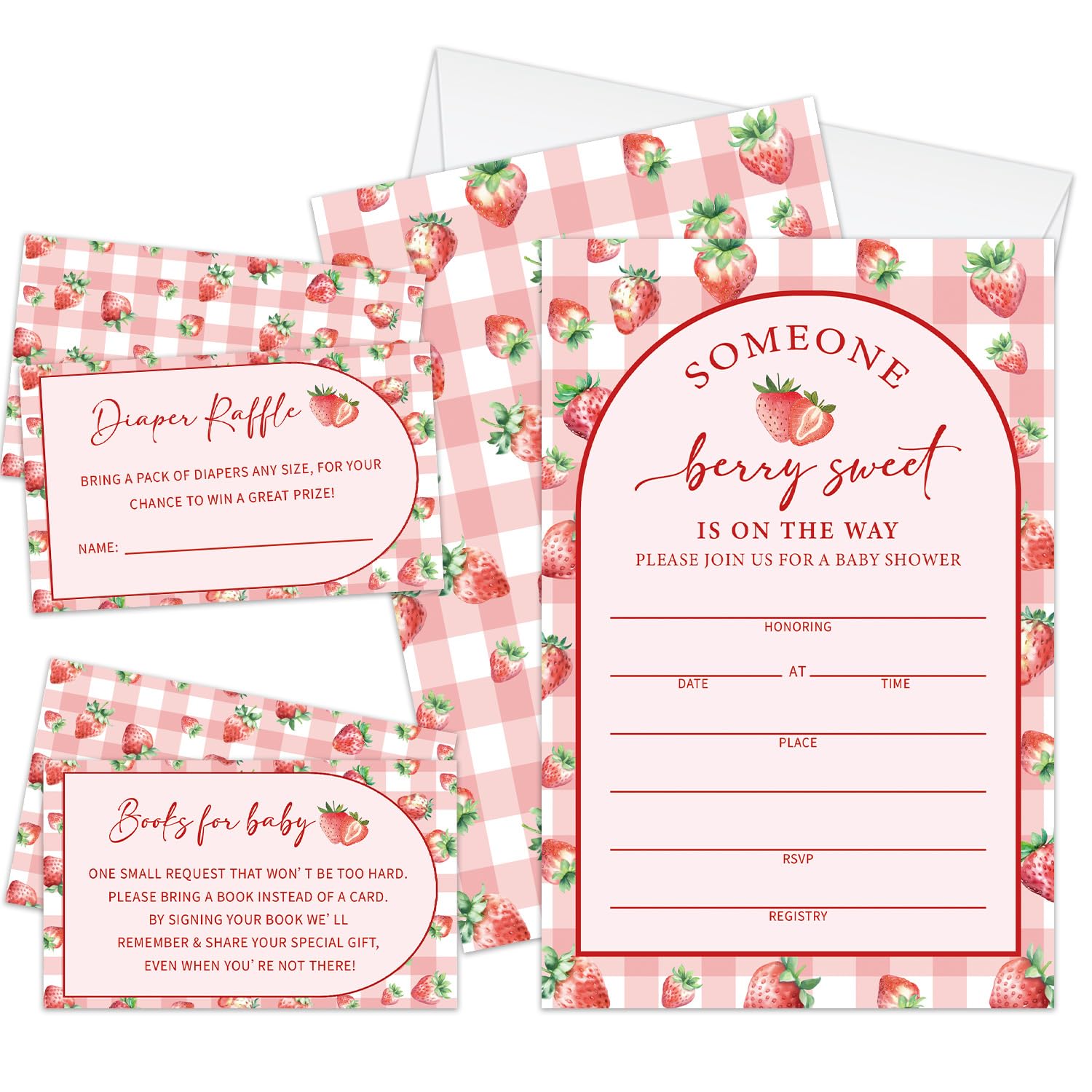 Sweet Strawberry Girl Baby Shower Invitation Bundle (25 Sets) - Includes Book Request & Diaper Raffle Tickets