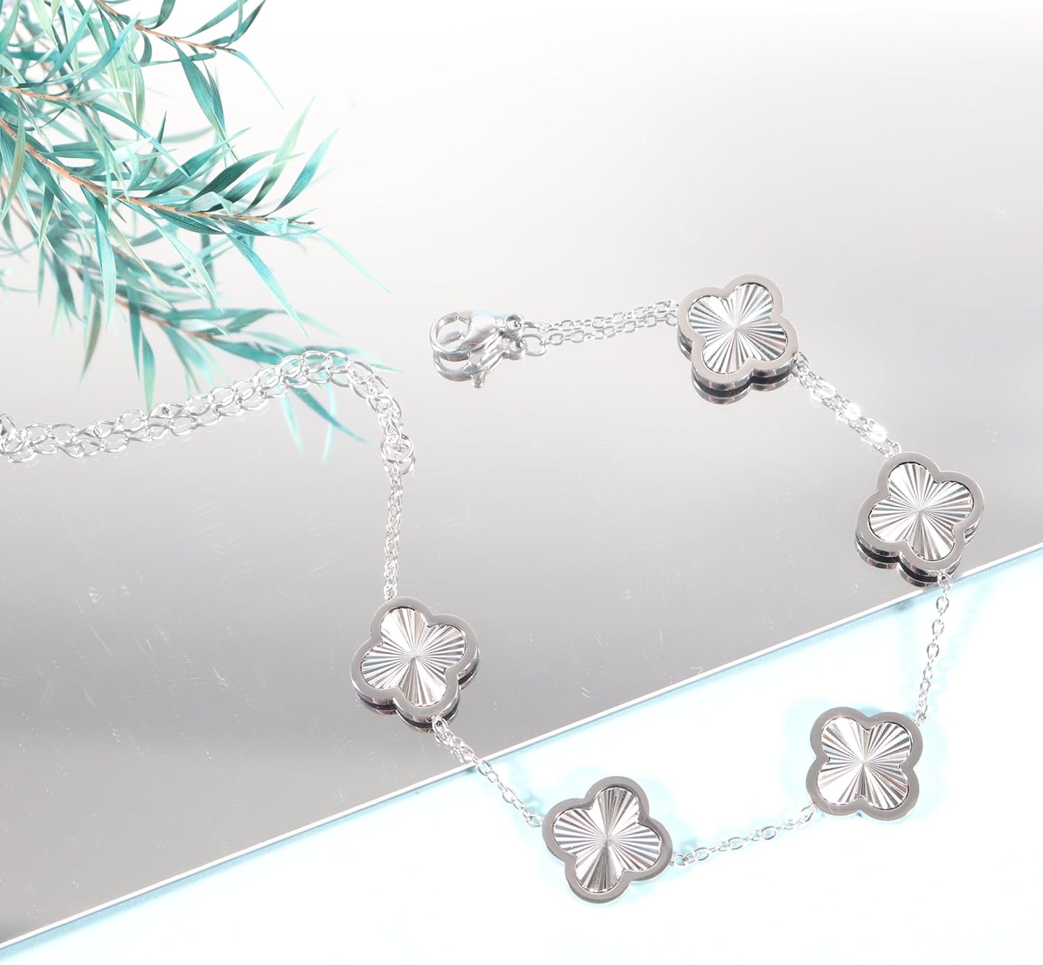 3 PC Set 18K Gold Plated Clover Necklace Bracelets Earrings Dainty Four Leaf Clover Bracelets For Women Clover Earrings Birthday Christmas Day Gift - Image 4