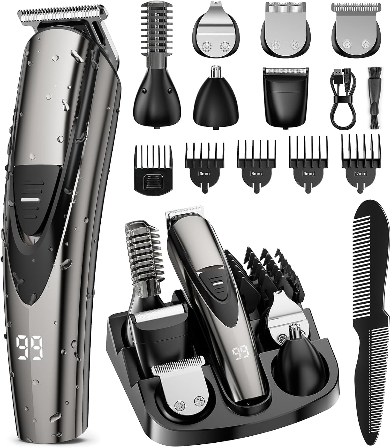 SHPAVVER Beard Trimmer for Men: Professional Barber Hair Clippers - 12-in-1 Cordless Grooming Kit - Waterproof Electric Razor with Turbo Speed