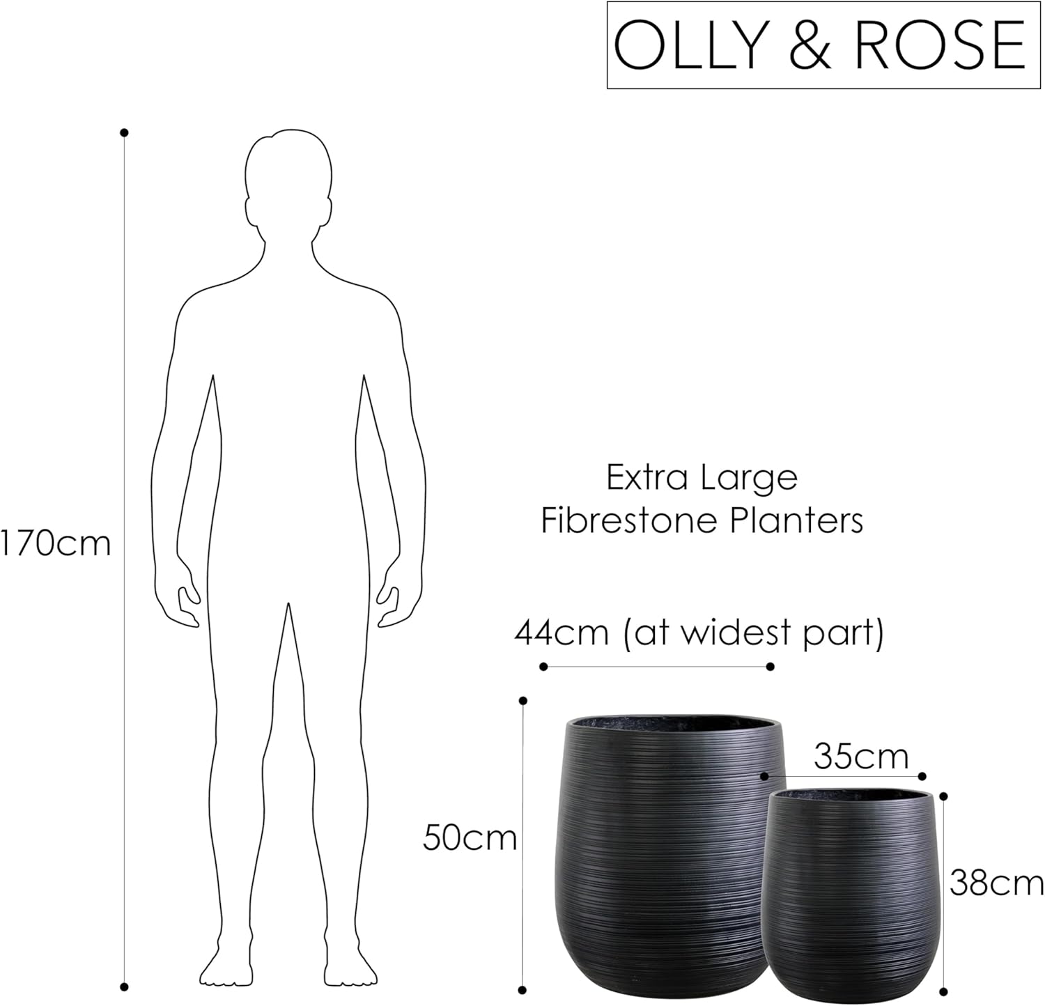 Olly & Rose Extra Large Plant Pot Patterned - Black Garden Planter - XL Flower Pot - H 50cm D45cm + H40cm D38cm