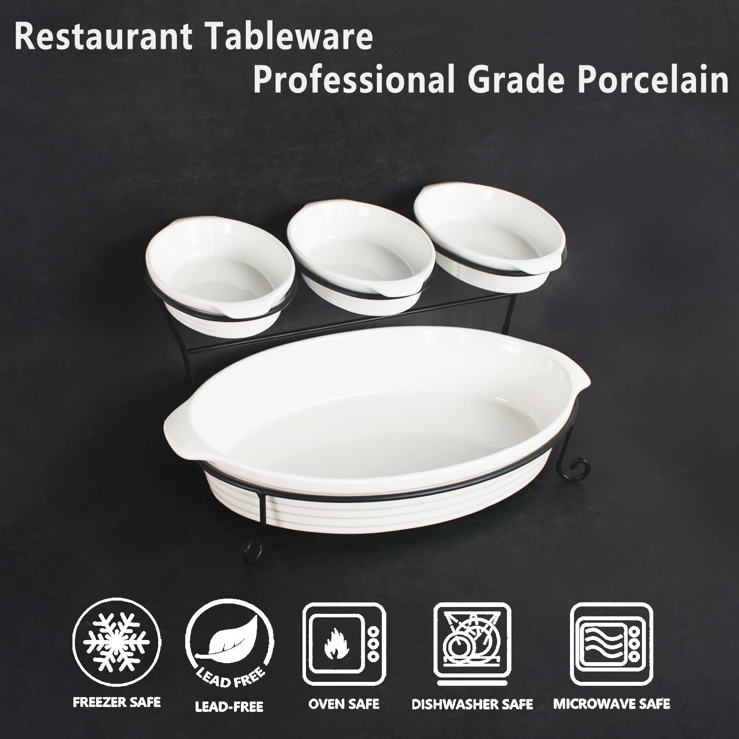 Ceramic Double-Layer Tray with Foldable Black Stand and Handle for Food Display, Fruit, Multi-Purpose Tableware, Includes 1 16-inch Baking Pan and 3 8-inch Small Baking Pans