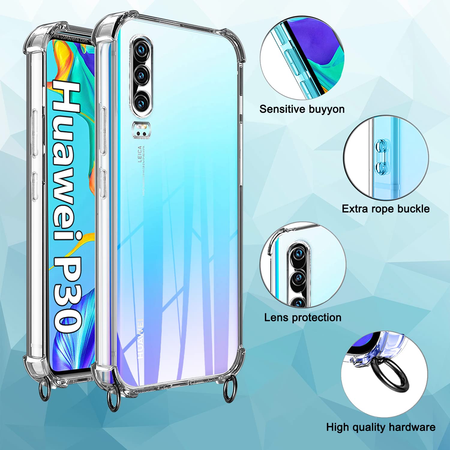 SIMao Cover Collana per Cellulare Compatibile con Huawei P30 PRO Custodia Trasparente Silicone con Cordino Necklace Case Antiurto Protettivo Cover Custodia da Collo Custodia con Cordino, Nero