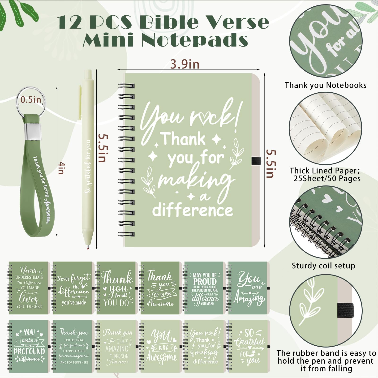 Skylety Set di 12 tazze da caffè da 48 pezzi, con scritta "Thank You", con penna e portachiavi, per personale, insegnanti, colleghi, amici (sfumatura verde)