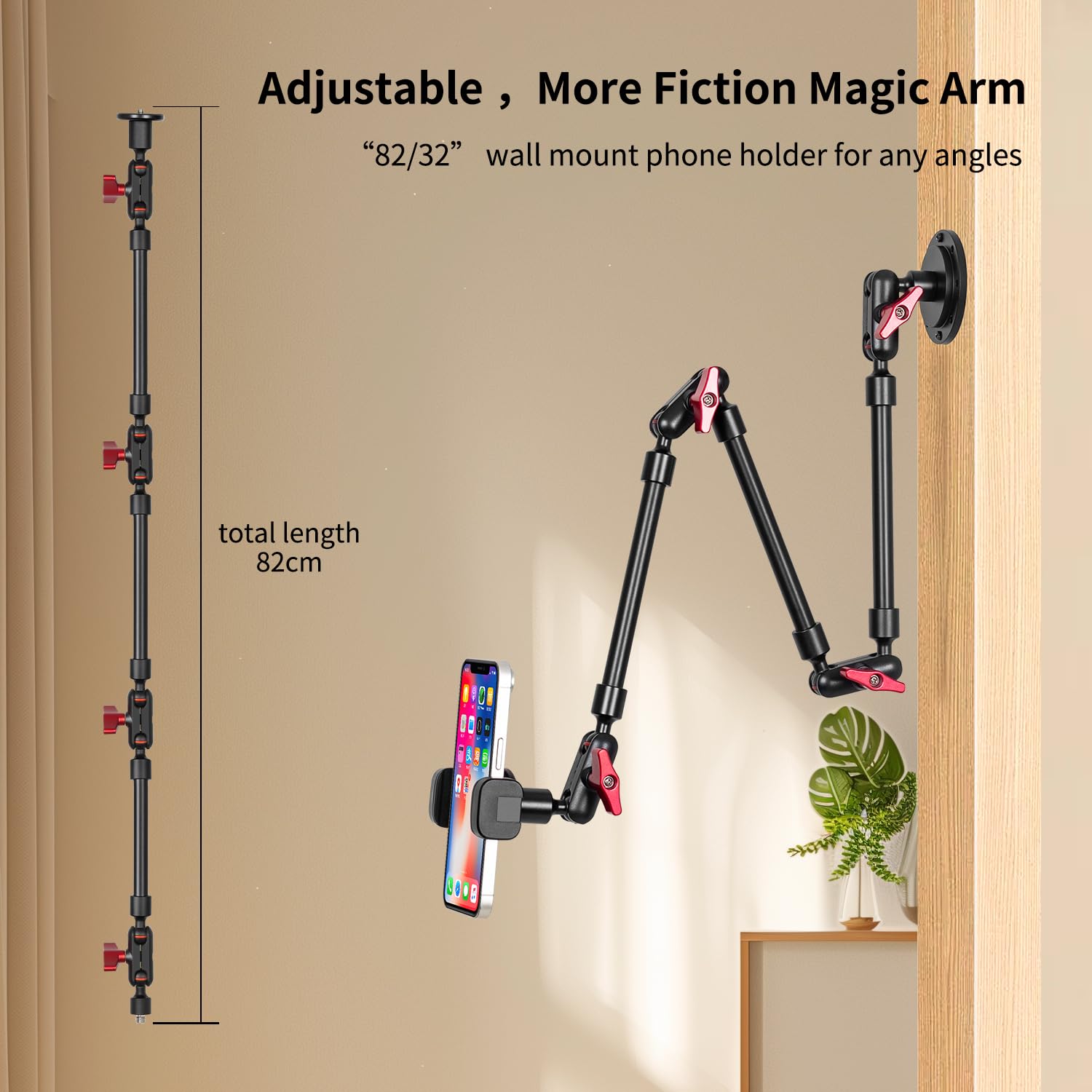 Supporto regolabile per cellulare, supporto da scrivania, montaggio a parete e staffa di montaggio a soffitto per telefono e altri smartphone (base in metallo+bracci da 82 cm+clip per