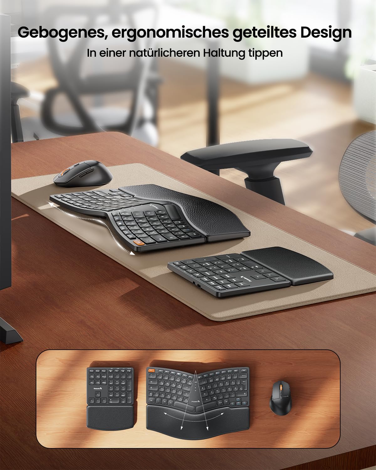 ProtoArc Ergonomische Tastatur Maus Set, EKM04 2,4 GHz Kabellos Ergo Tastatur Maus, Separater Ziffernblock, Geteiltes Design, Handballenauflage, Tastatur Split für Desktop, PC, Laptop, Windows