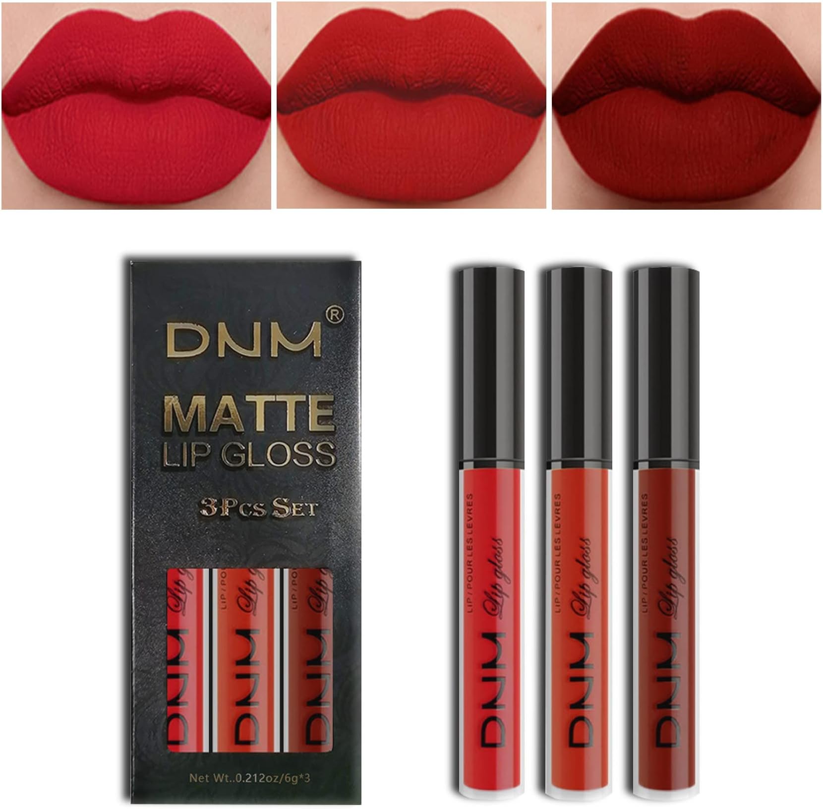 AMY'S DIARY 3Pcs Bright Red Matte Liquid Lipstick Sets, Lip Stain Long Lasting 24 Waterproof Lip Gloss Gift Set Matt Makeup for Women Lippies (05)