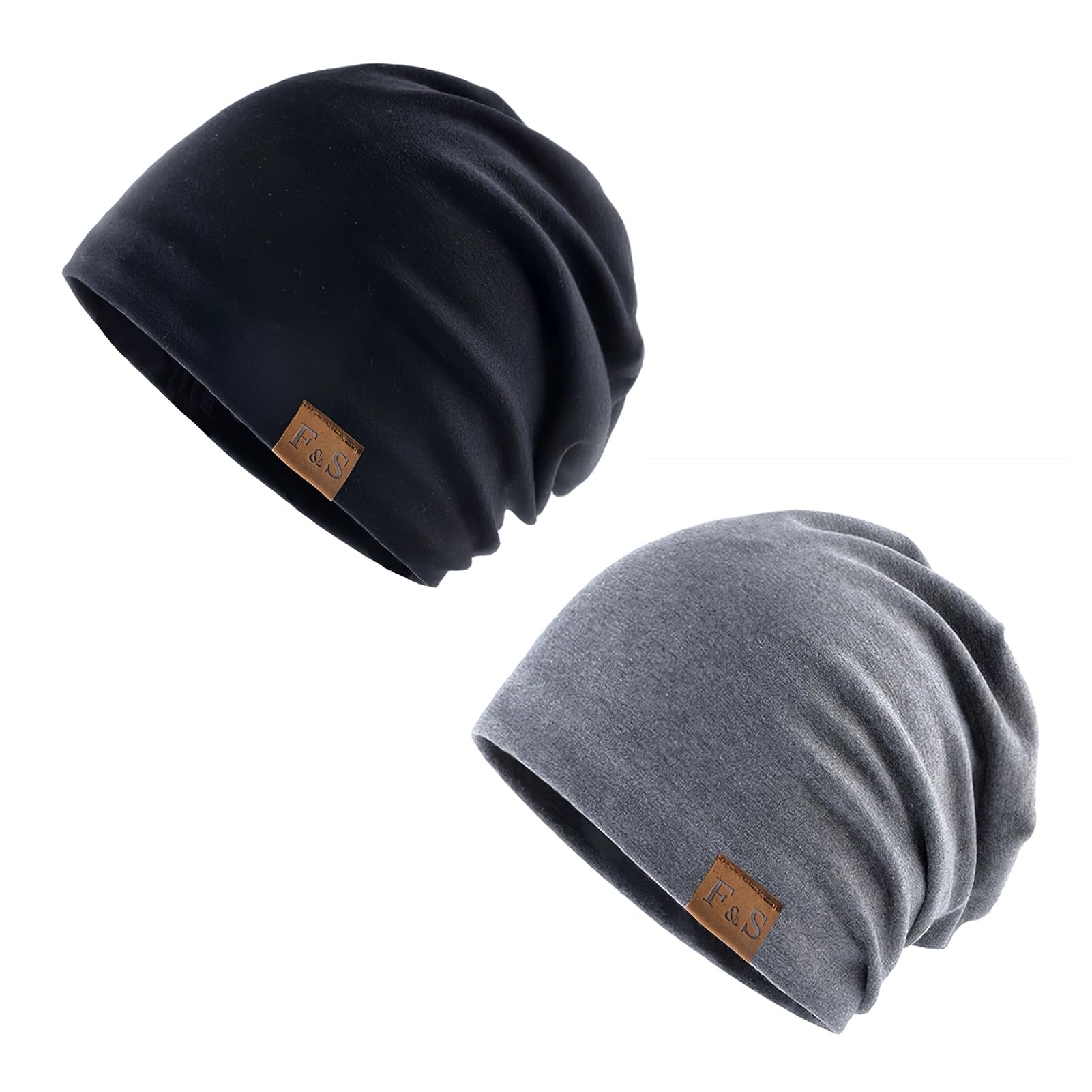 FuitkeUnisex Skull Caps, Knit Cuffed Hat Stretchy Soft Beanie Winter Thermal Fleece Running Hat 2 Pcs Cotton Beanie Cap Headwear Elastic Cycling Helmet Liner for Men Women Running Cycling Sport Black Grey