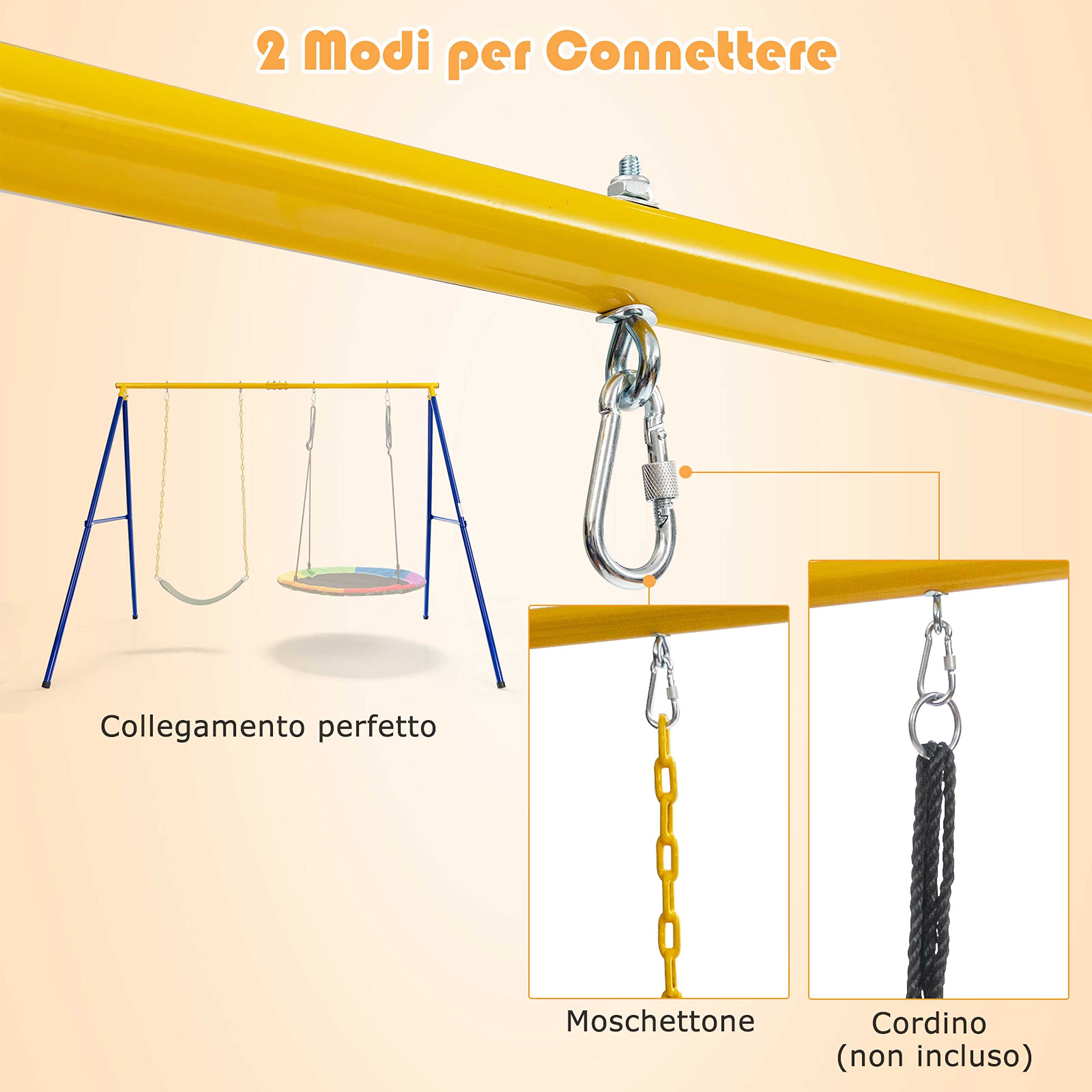 COSTWAY Set Altalena da Giardino per Bambini, Struttura di Metallo ad A con 1 Sedile in EVA Morbido e 1 Altalena Nido, Capacità 300 kg, Ideale per Giardino Parco Giochi (Giallo+Blu, Altalena+Supporto)