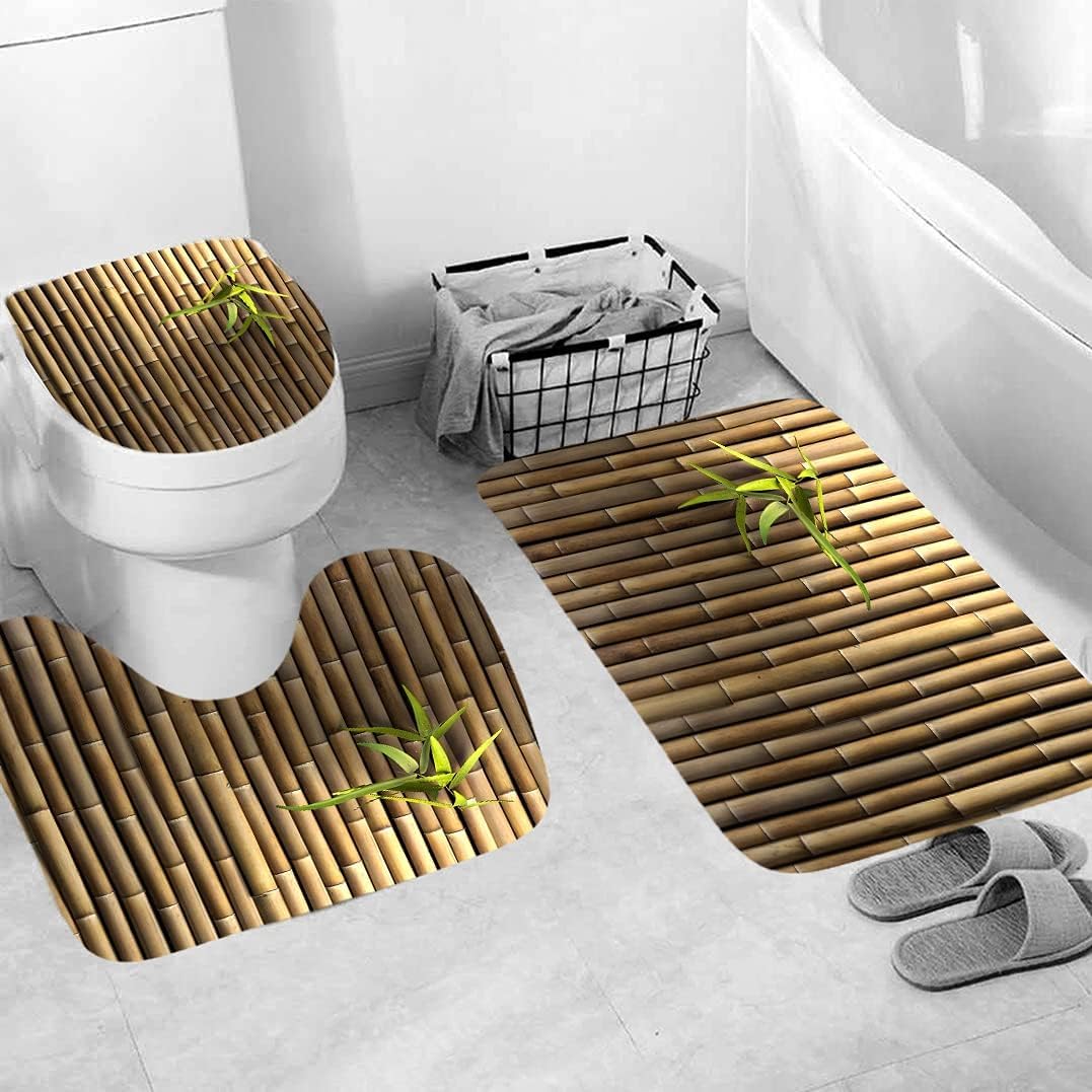4Pcs Bamboo Shower Curtain Set with Non-Slip Rugs and Toilet Lid Cover Nature Plant 3D Printed Fabric Shower Curtain Bathroom Decor with Hooks Waterproof Washable 72"x72" Brown Green