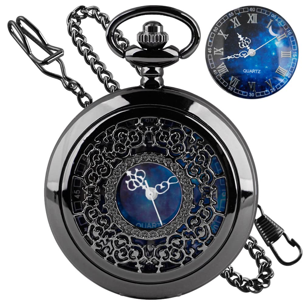 Tiong Pocket Watch Hollow Blue Star Design Roman Numerals Quartz with Chain Christmas Birthday Gifts, black blue, retro (B09Z2F4R49) Amazon Price History, Amazon Price Tracker