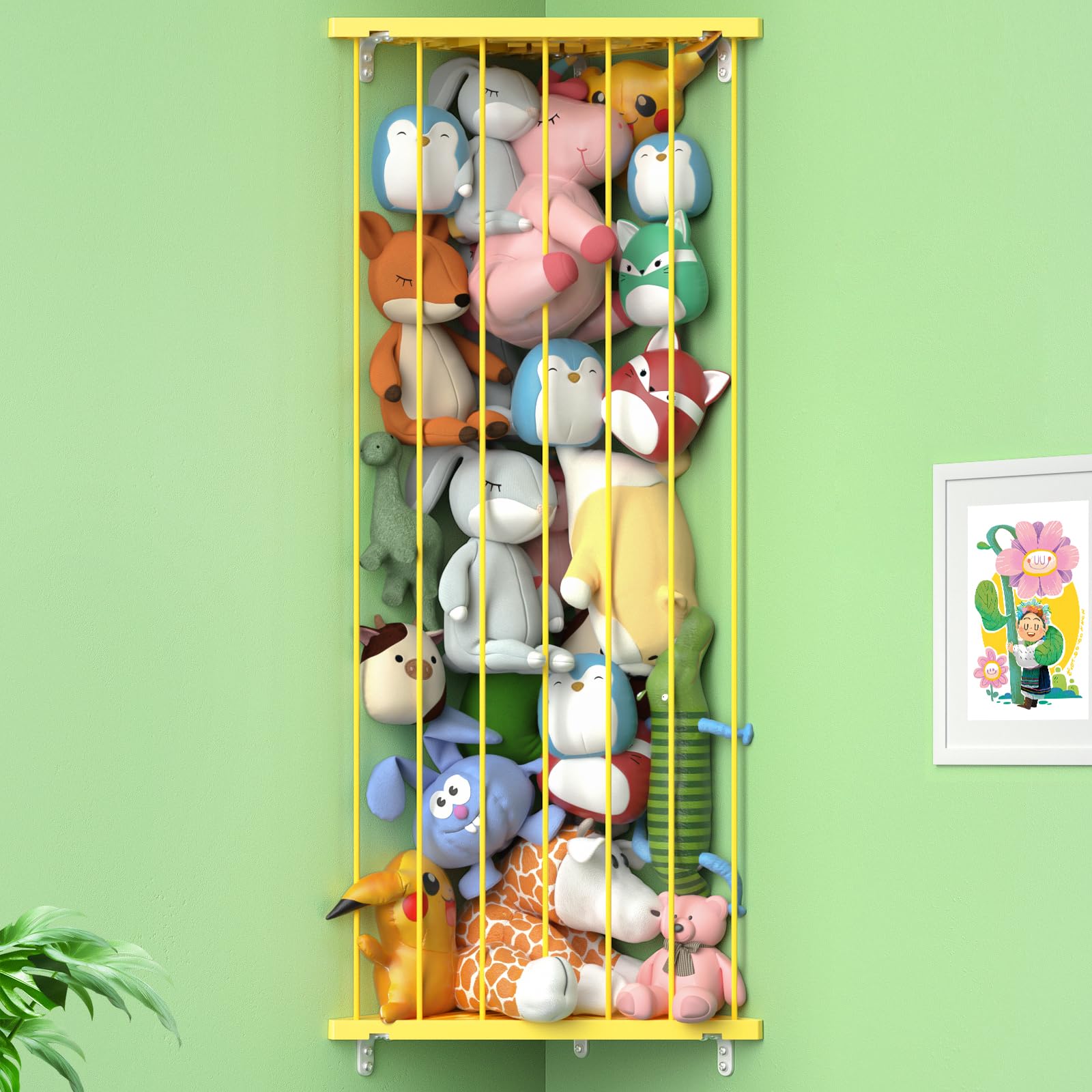 Stuffed Animal Storage Shelf Organizer - Corner Stuffed Animal Holder Length Adjustable - Wall Plush Storage Net for Playroom Bedroom (Yellow,
