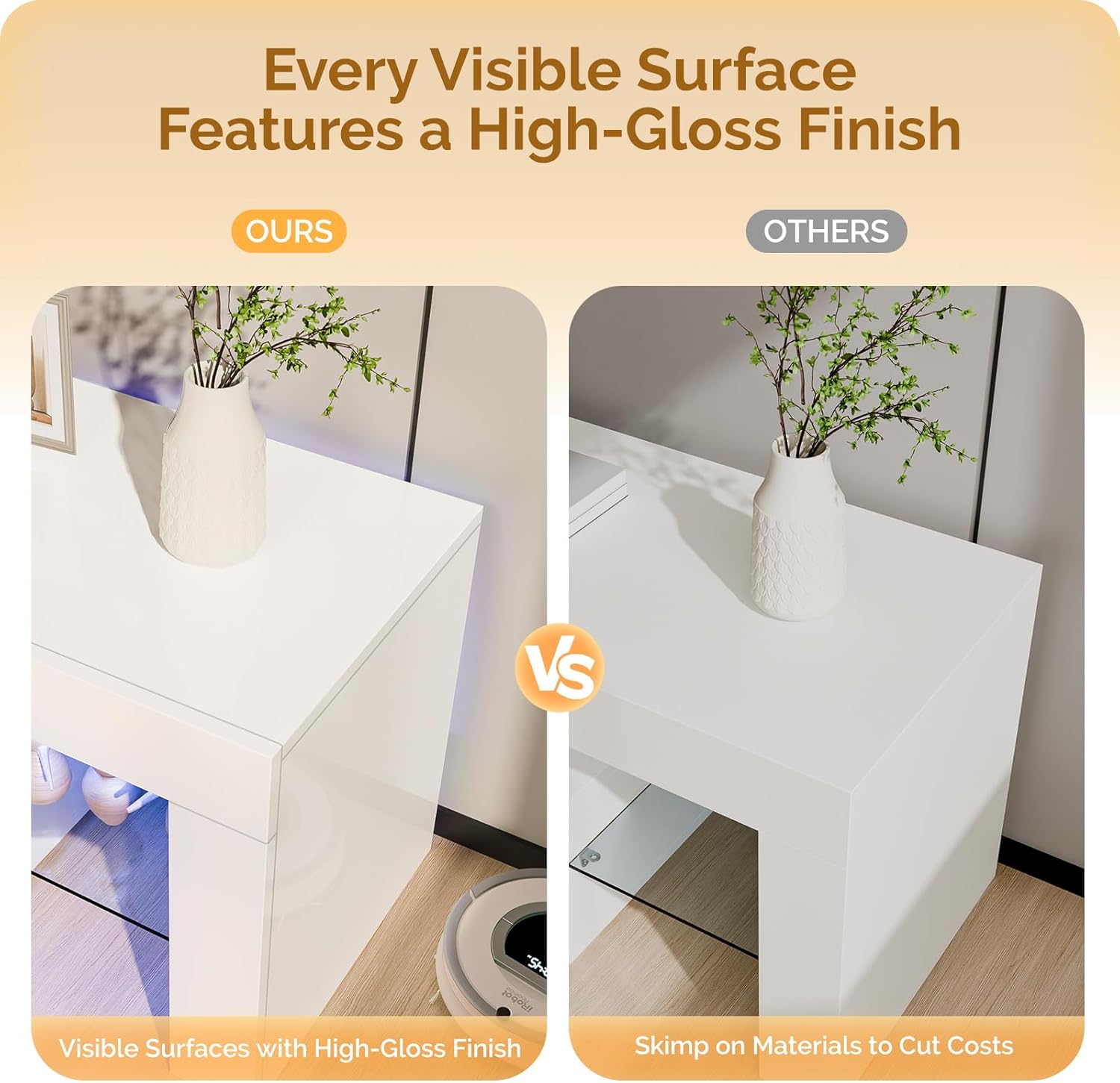 VINGLI LED TV Stand, 63'' High Glossy Modern Entertainment Center with Remote Control 20-Color LED Lights and 2 Large Storage Draws for 55/60/65/70 Inch TV (White, 63''L x 14''W x 18''H) - Image 3