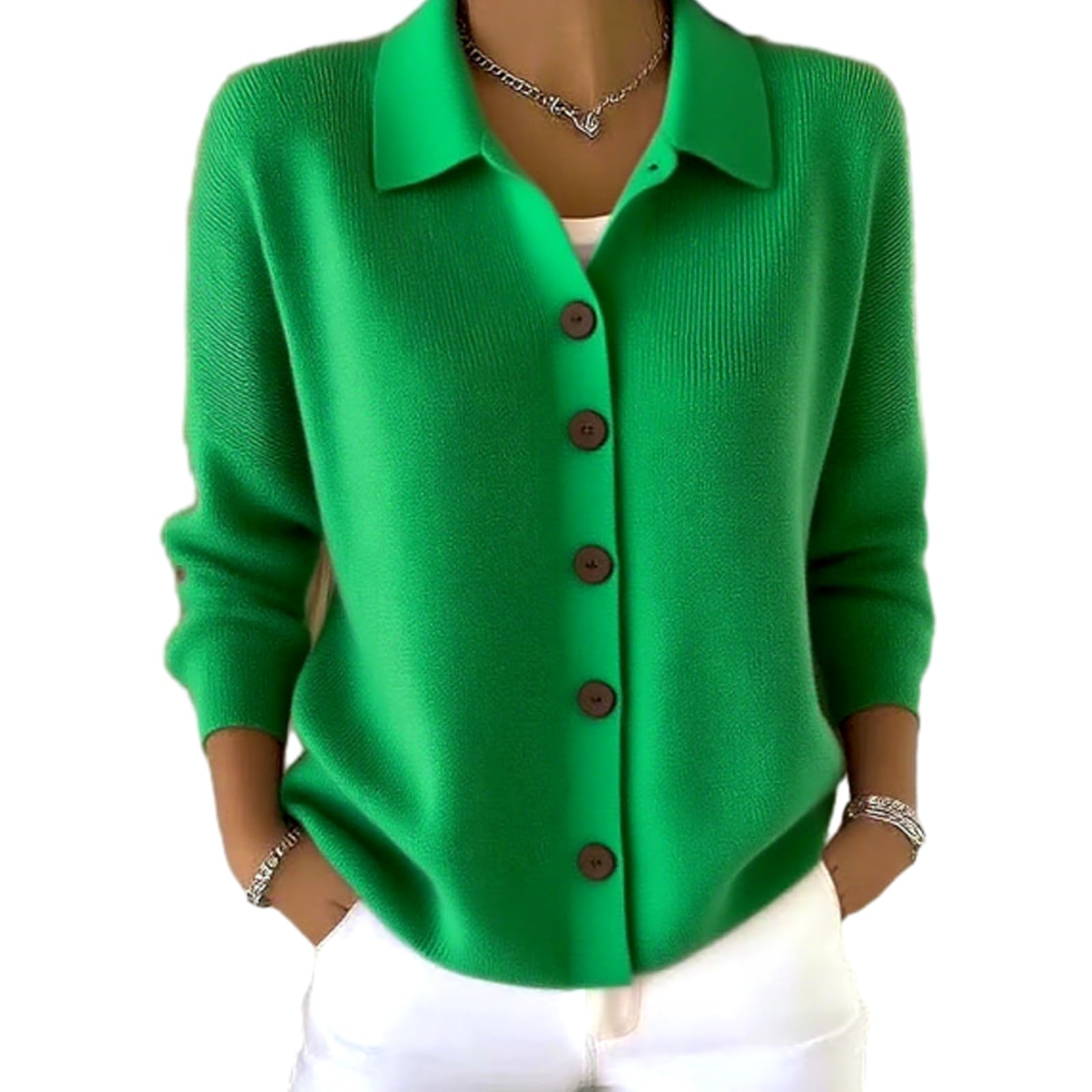Women Cotton Plain Long Sleeve Comfy Casual Cardigan Button-Down Knit Collar Sweater for Women