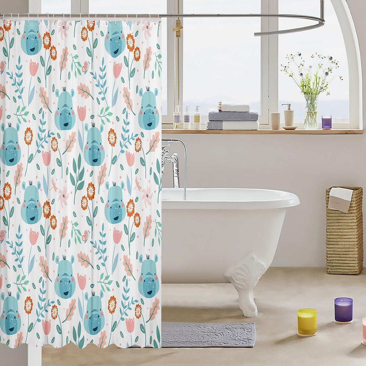 jejeloiu Cute Hippo Shower Curtain 72"x78" Cartoon Animal Bathroom Shower Curtain Set Hippopotamus Bath Curtain Floral Flower Kids Bathroom Accessories