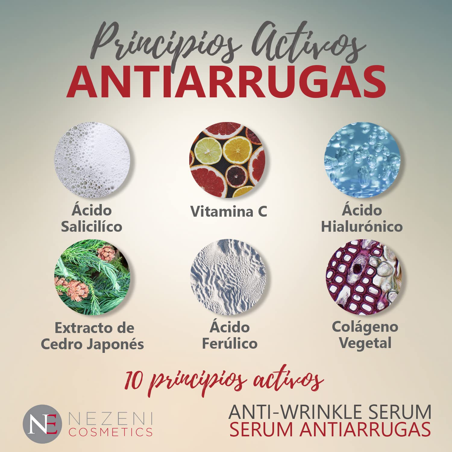 Sérum Facial Antiarrugas Antiedad con Ácido Hialurónico Puro + VitC – 10 principios activos - BAJO CONSERVANTES 2 años caducidad cerrado