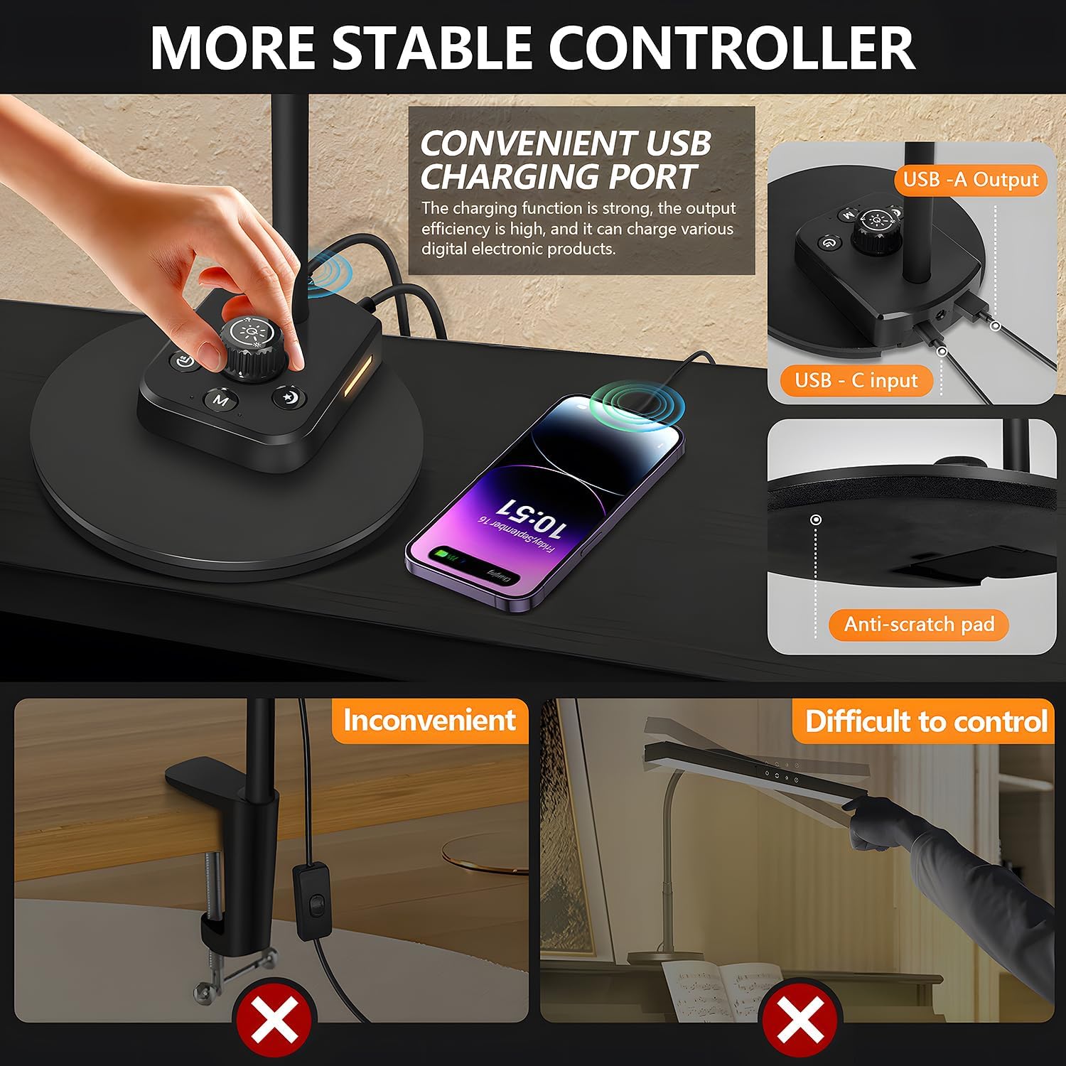 Luz de piano, lámpara LED regulable con 5 modos de luz, puerto de carga USB, temporizador de apagado automático, diseño de cuello de cisne ajustable para pianos grandes y verticales