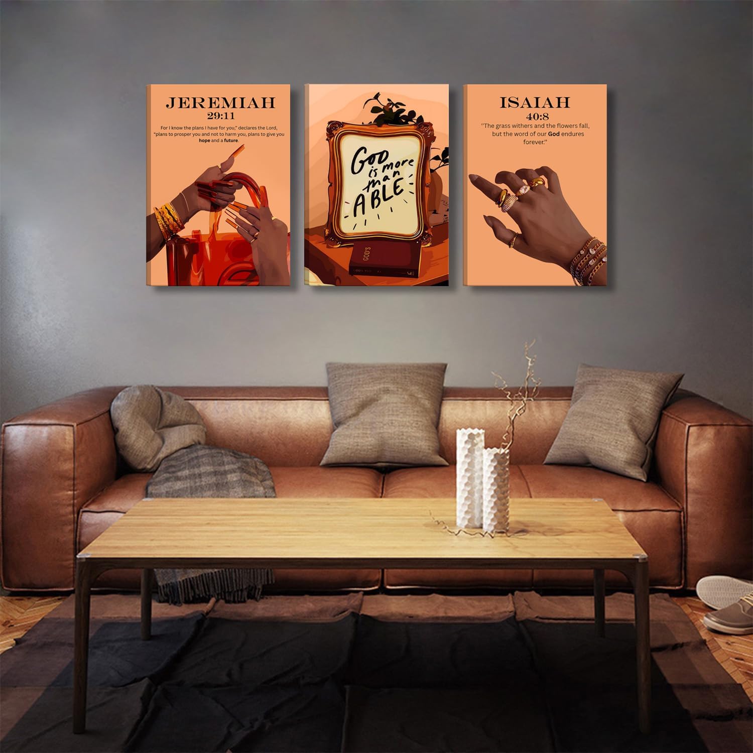 KBIERQN 3Pcs Trendy Black Girl Canvas Wall Art Christian Black Woman Poster Prints Fashion African American Female Pictures Scripture Jeremiah 29:11 Isaiah 40:8 Religious Wall Decor 12x16In Framed