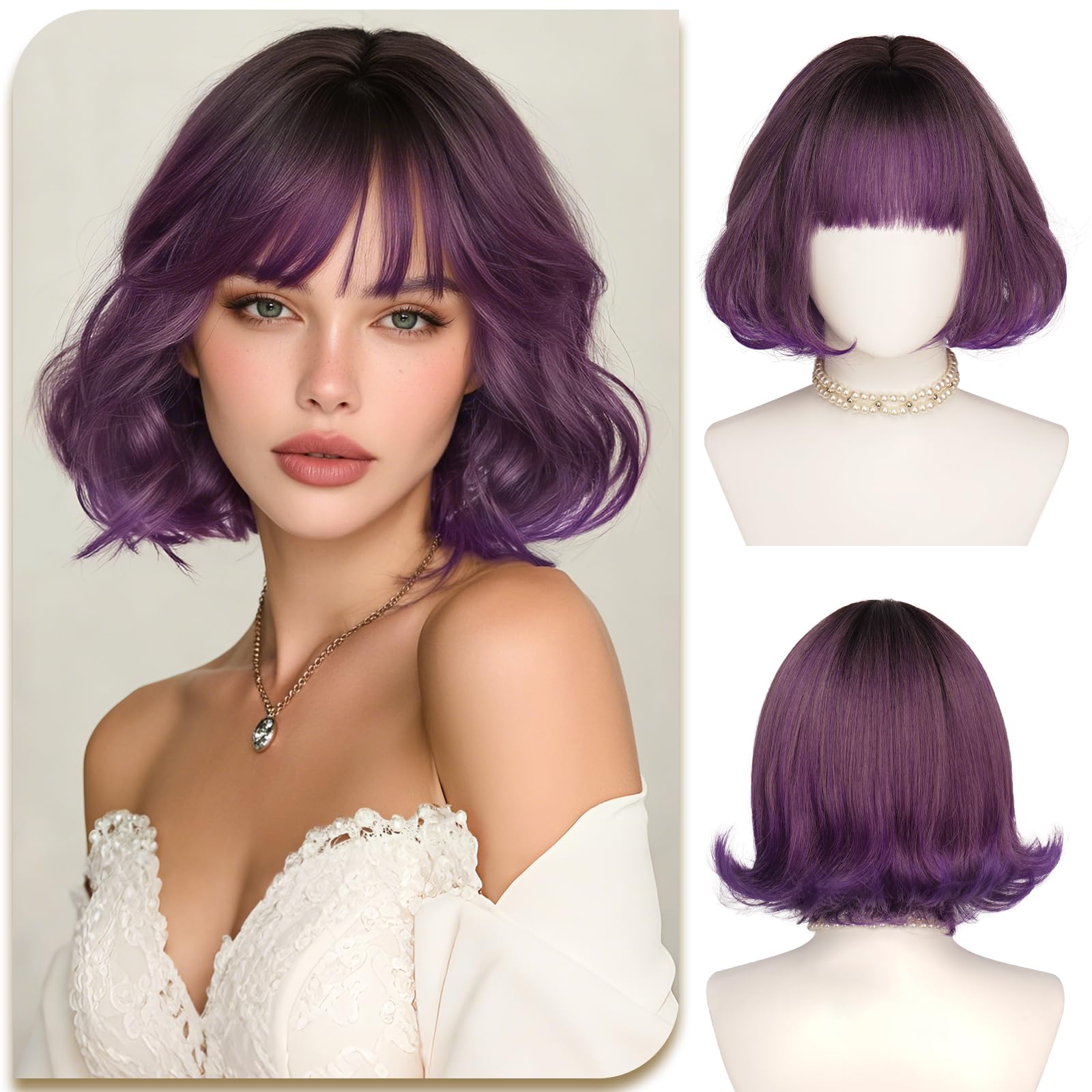 SOFEIYAN Short Bob Black to Purple Ombre Wig with Bangs for Women, 12 Inch Layered Synthetic Wig Natural Looking Heat Resistant Wigs for Women Daily Wear Party Cosplay