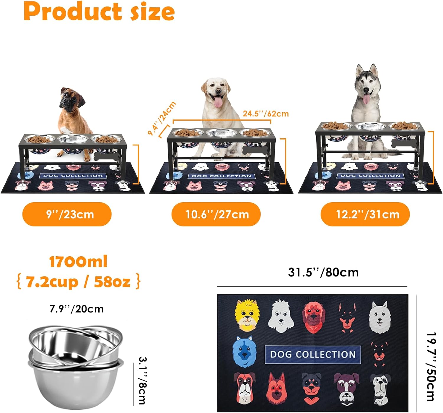 3-in-1 Elevated Dog Feeder with 3 Stainless Steel Bowls, Heavy Iron Stand, Custom Name Plate, Non-Slip Mat - Easy Clean for Multiple Dogs