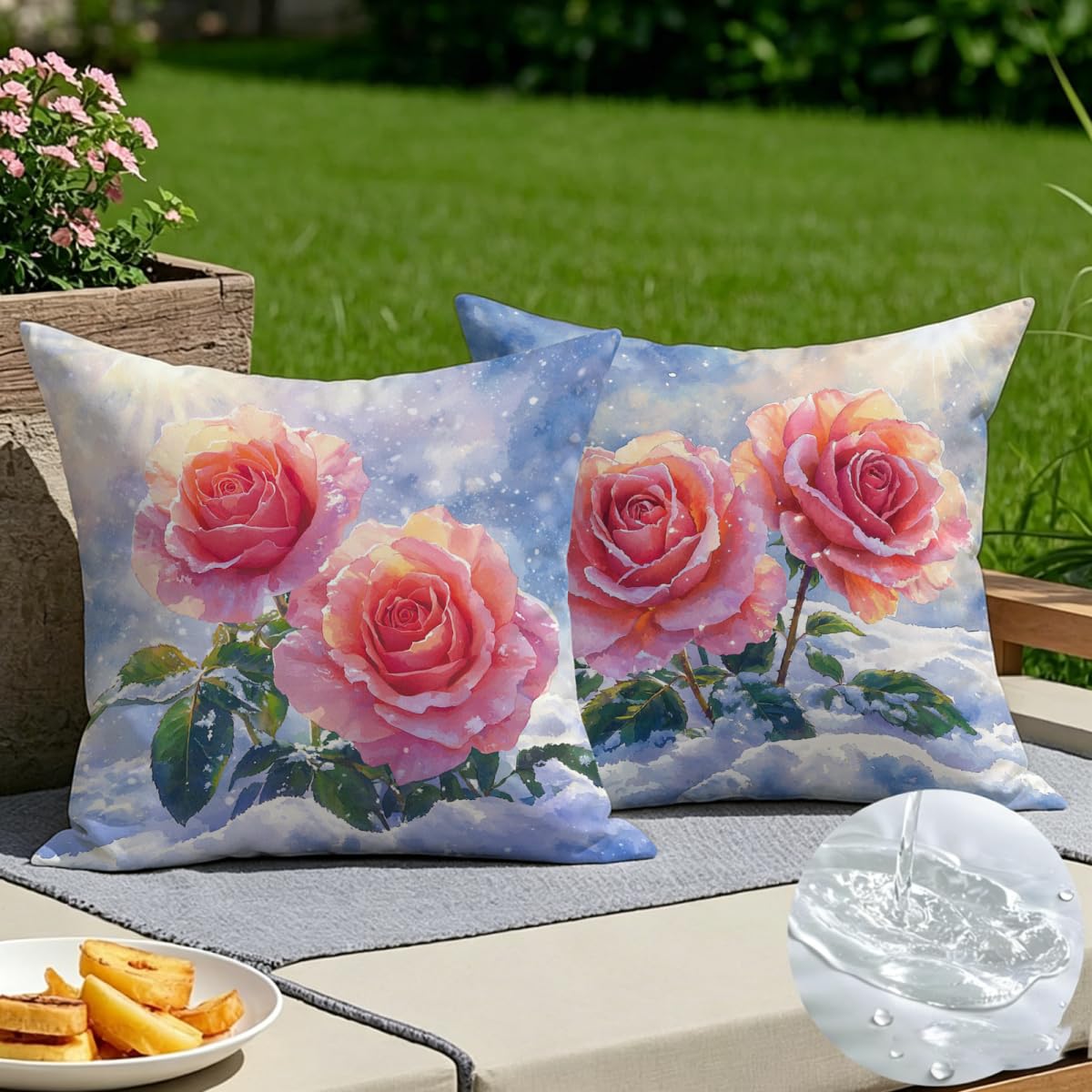 Housse de coussin 50x50 rose Journée Enneigée, lot décoratif pour canapé de salon et patio