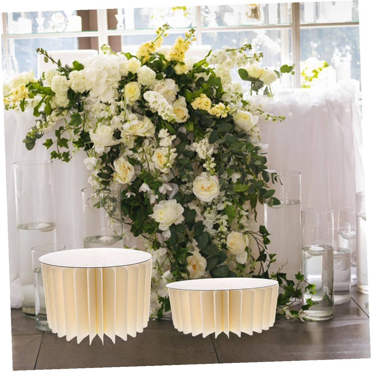 2pcs White Foldable round Cylinder Cake Cylinder Pedestal Stands for Party Decor, Wedding Centerpiece Table Backdrop Display, 30cm Diameter X 20cm 40cm Height