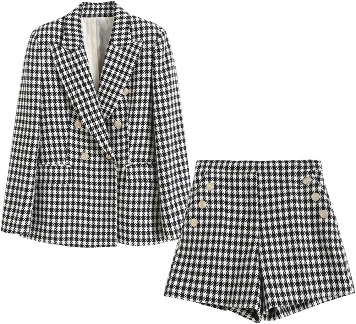 Women's Houndstooth 2Pcs Suit Double Breasted Buttons Tuxedos Jacket+ Short Pants Set