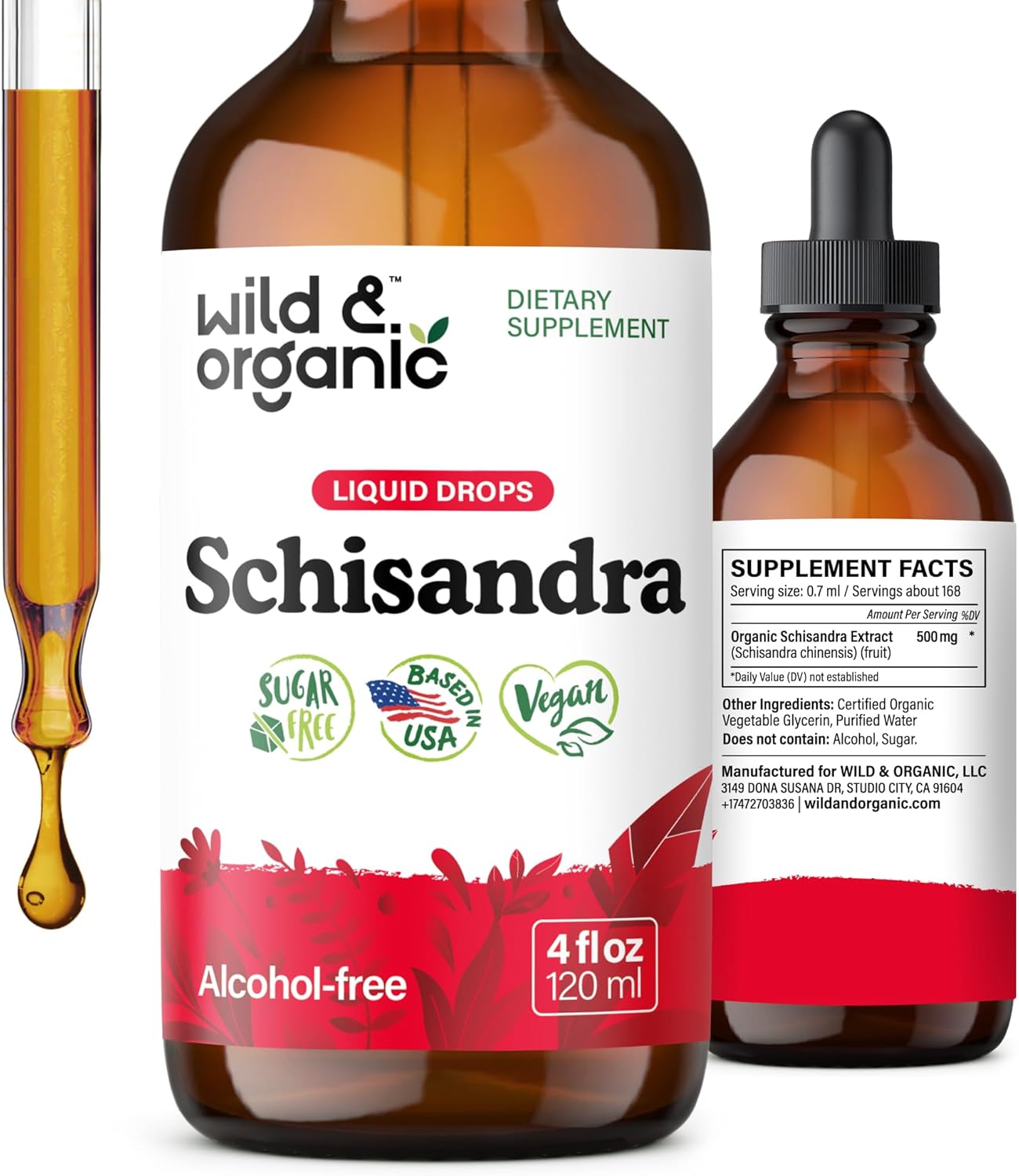 Wild & Organic Schisandra Tincture 500 mg - Natural Schisandra Supplement for Relaxation - Liquid Chinensis Berry Extract - Vegan, Sugar & Alcohol-Free Drops - 4 fl oz