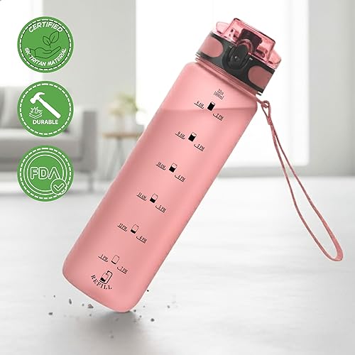 Miniatura 3 de Botella de agua motivacional de 32 onzas con marcador de tiempo y hermética, plástico Tritan reutilizable sin BPABPS, diseño a prueba de fugas con