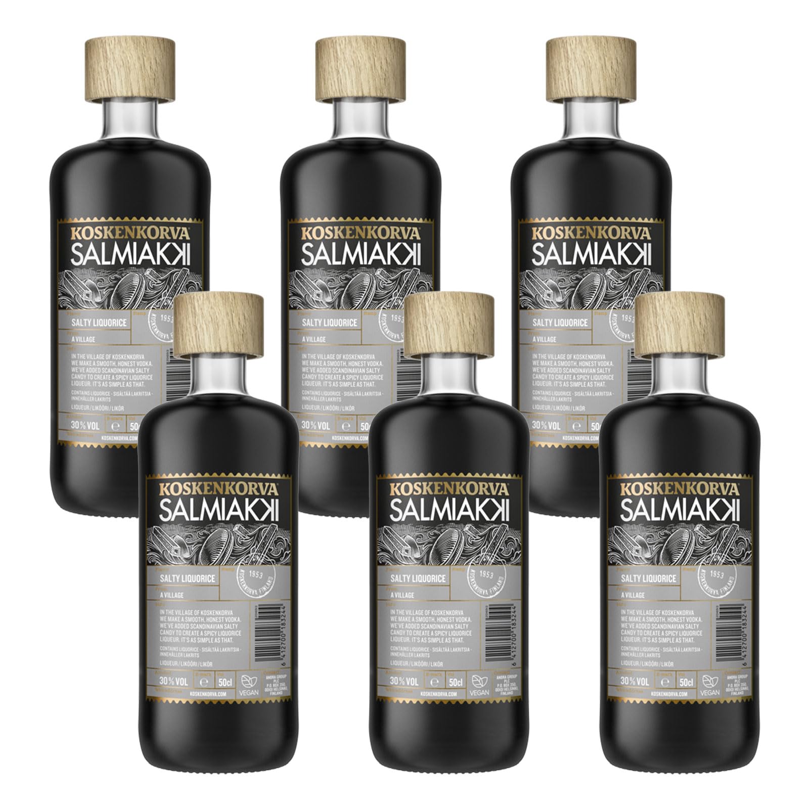 Koskenkorva Salmiakki Salziger Lakritz Likör aus Finnland 6 x 0,5L (30% Vol.) - Nachhaltig hergestellt in Finnland mit lokalen Zutaten. 6er Pack