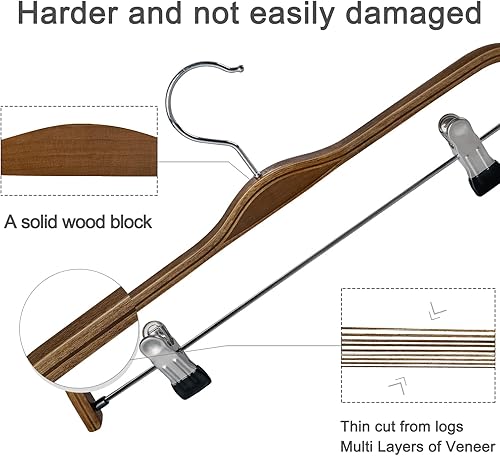 Miniatura 4 de TOPIA HANGER Perchas de madera para pantalones, perchas delgadas de madera natural para faldas con gancho antioxidante y clips de metal ajustables,