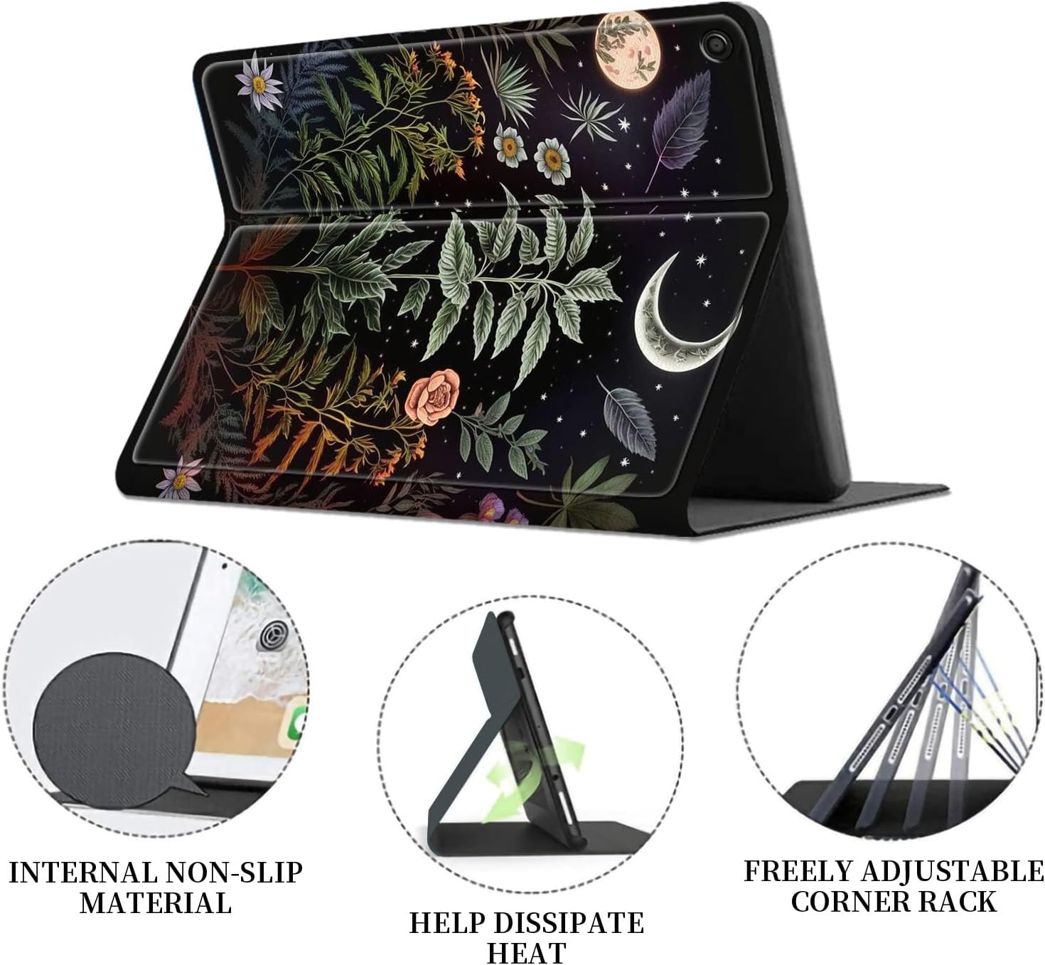 for Fire HD 8 Tablet Case (12th/10th Generation,2024/2022/2020 Release)/Amazon Kindle Fire 8 Case,Hybrid Slim Multi-Angles Stand Auto Wake/Sleep Cover-Flowers Plants Moon Night