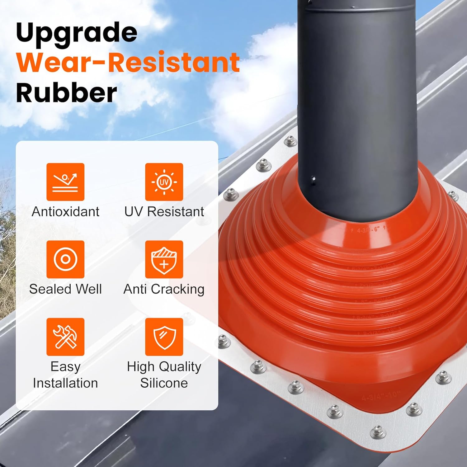 #6 Metal Roof Pipe Flashing Boot, Metal Roofing Pipe Flashing Boot Fits Pipe OD 5" to 9" Wide, Includes Flexible High Temp Silicone Chimney Boot, Hex Socket x2, Roofing Screw x50, Square Base, Red