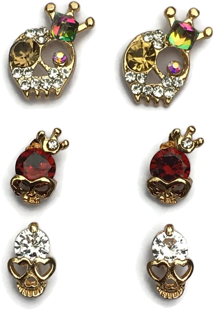 LIUYX(Set of 3) Pairs Crystal Crown Skull Stud Earrings, Gothic, Steam Punk, Halloween