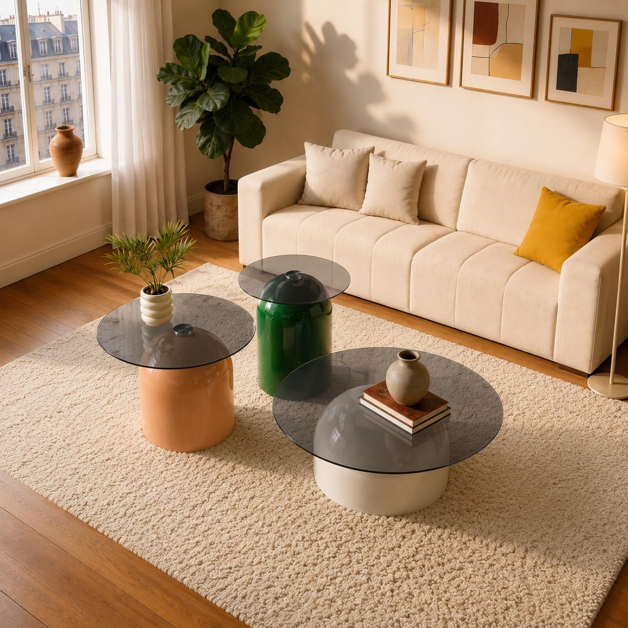 Mesa de centro redonda de 70 cm, mesa de cristal con cristal de seguridad y marco de acero al carbono, mesa de sofá moderna para sala de estar, salón, oficina y cafetería (gris, C)